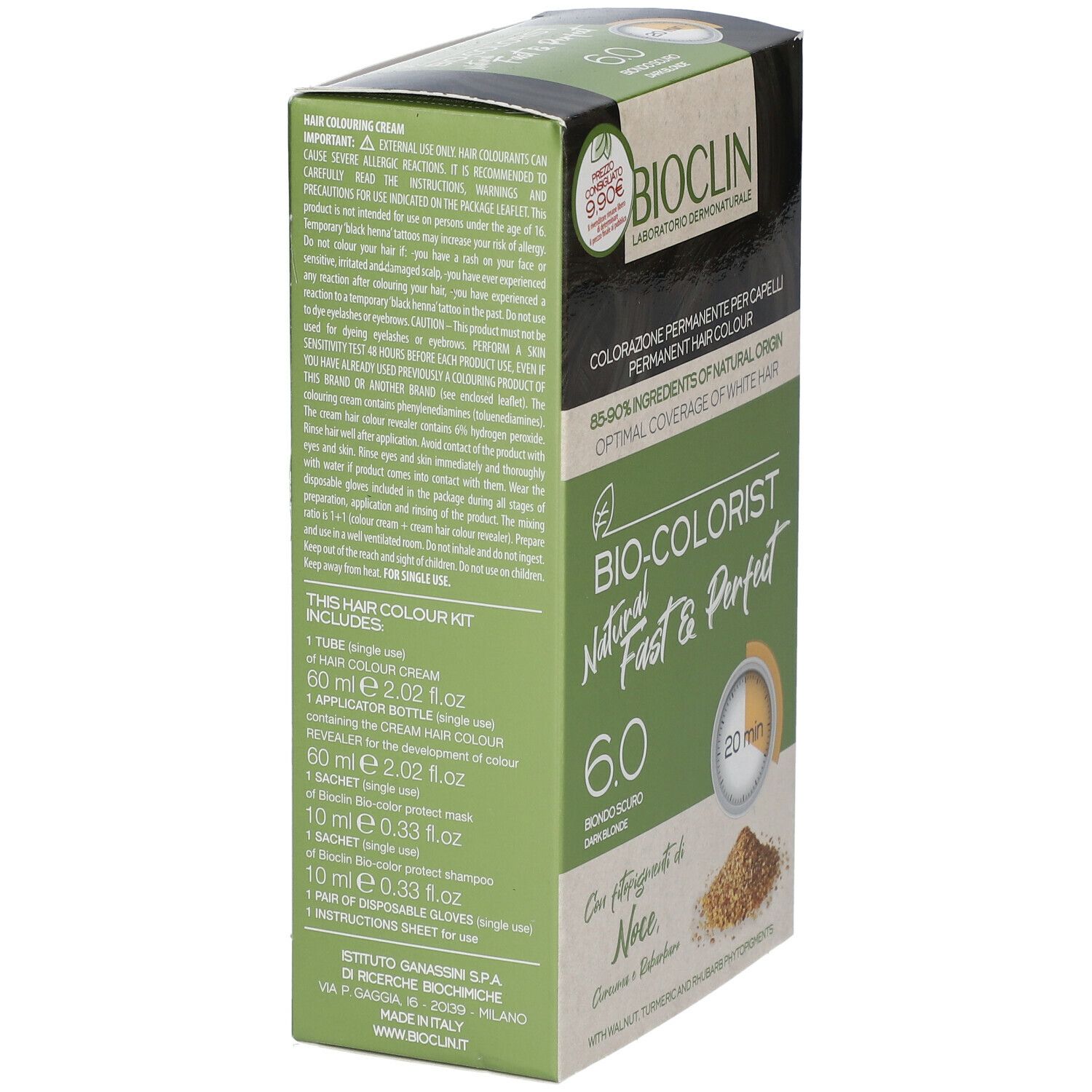 BIOCLIN Bio-Colorist 6.0, biondo scuro, tinta per capelli. Vista laterale della confezione con testo. Contiene tubo, crema, applicatore.
