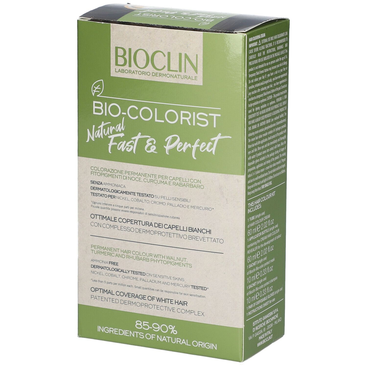 BIOCLIN Bio-Colorist 6.0, biondo scuro, tinta per capelli. Vista laterale della confezione con testo. Dermatologicamente testato. Copertura ottimale.