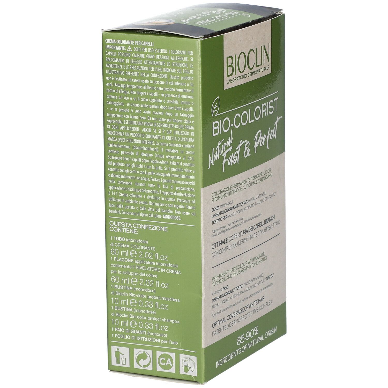 BIOCLIN Bio-Colorist 6.0, biondo scuro, tinta per capelli. Vista laterale della confezione con testo. Contiene tubo, crema, applicatore, guanti.