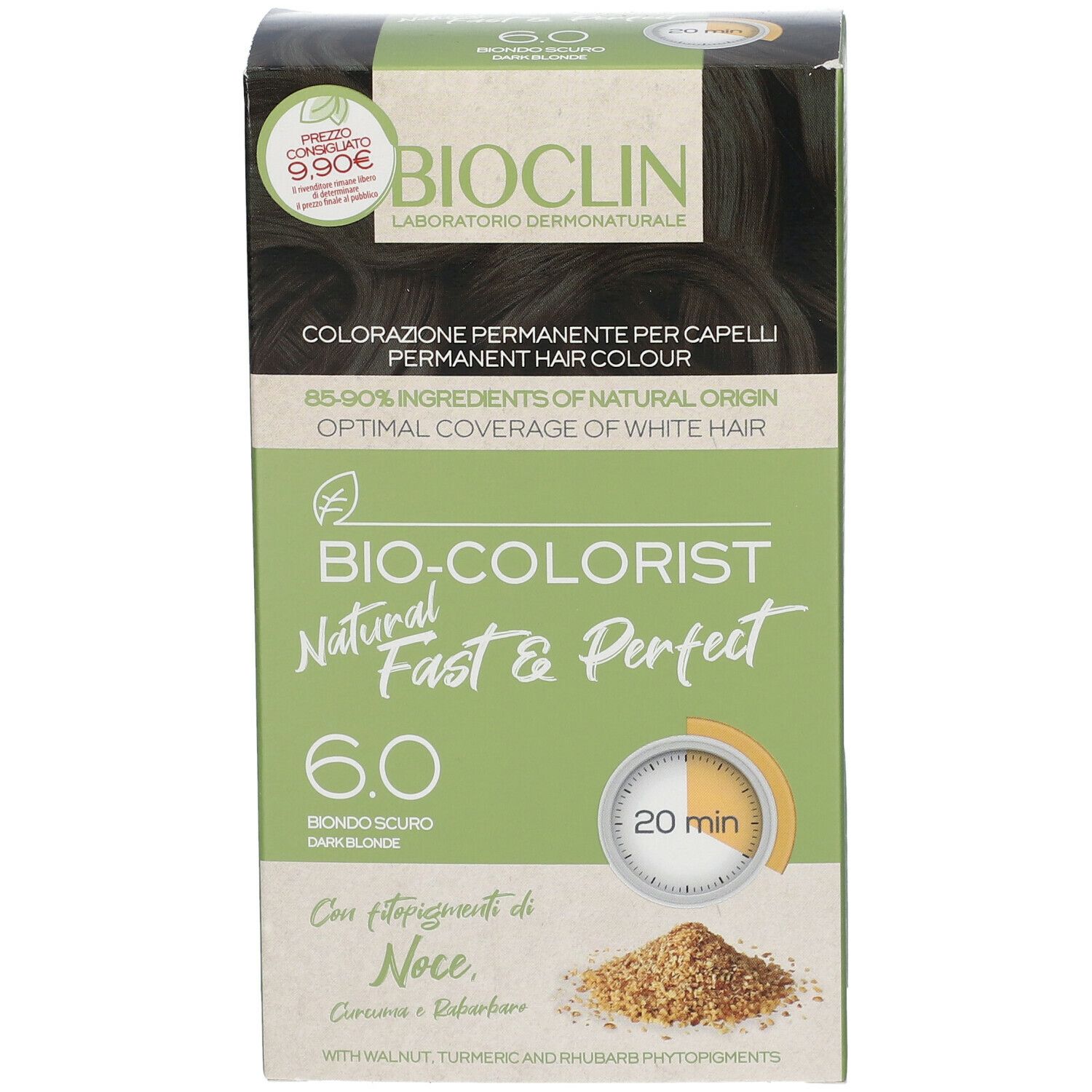 BIOCLIN Bio-Colorist 6.0, biondo scuro, tinta per capelli. Confezione con immagine e testo. Tempo di posa: 20 minuti.