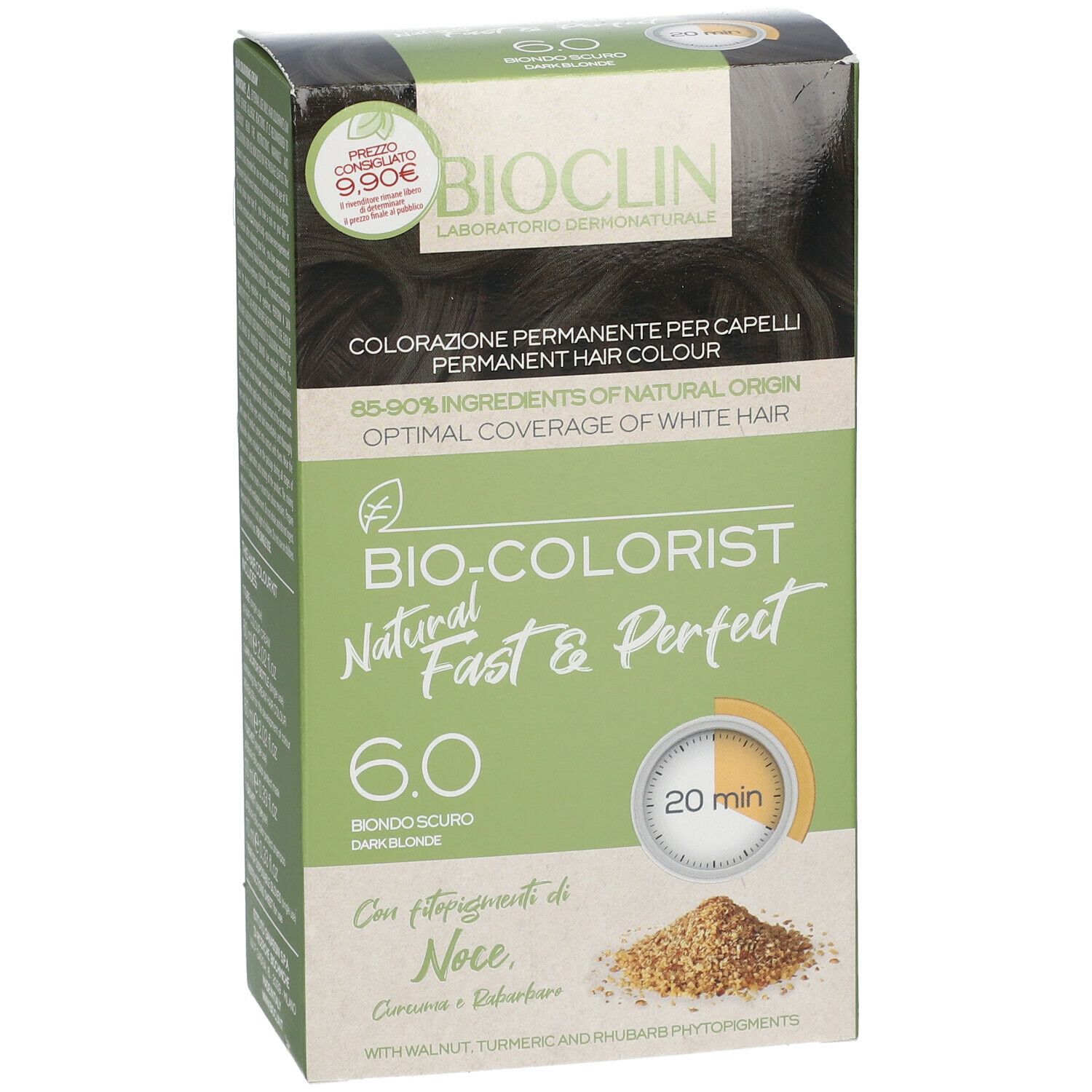 BIOCLIN Bio-Colorist 6.0, biondo scuro, tinta per capelli. Confezione con etichetta prezzo. Immagine e testo. 20 minuti.