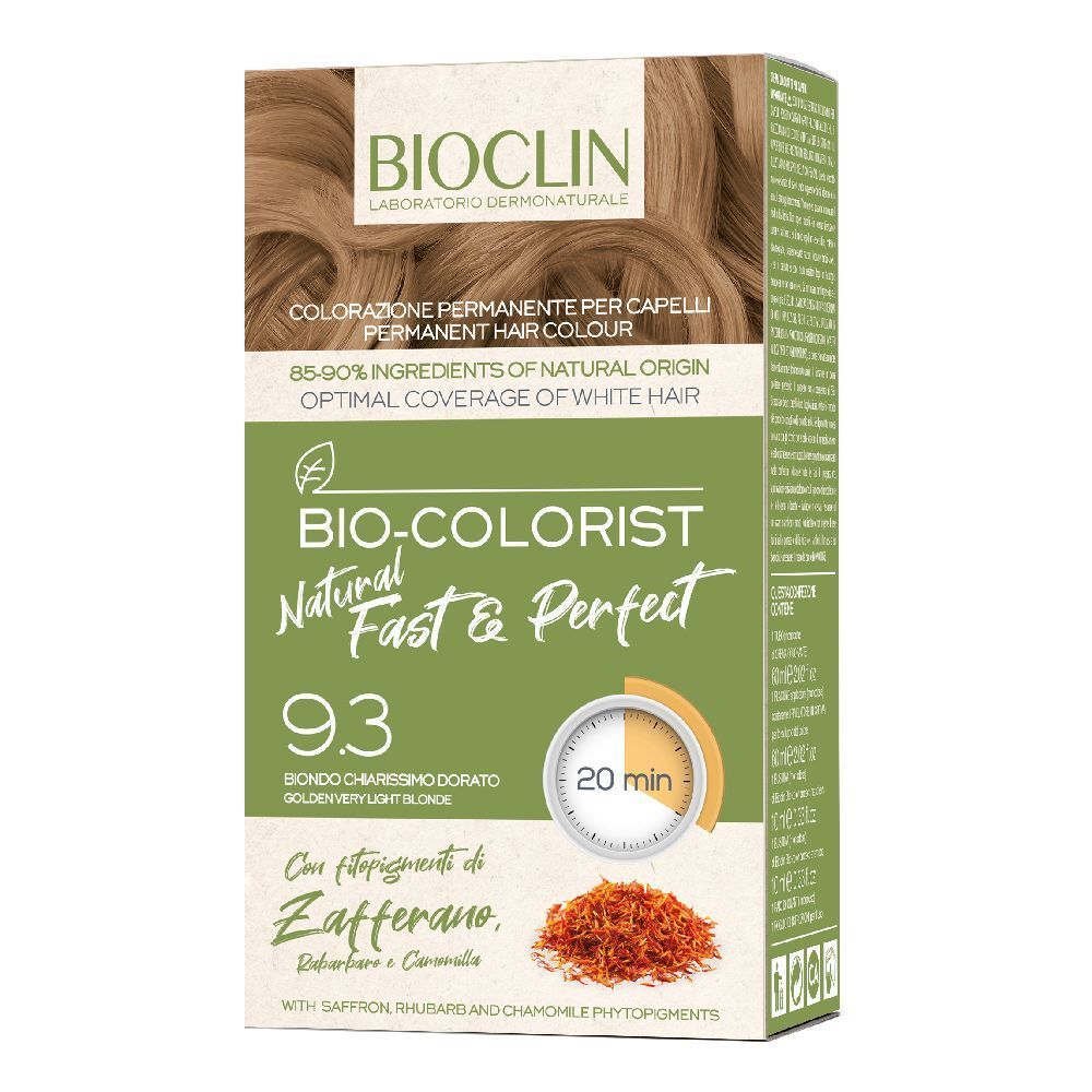 BIOCLIN Bio-Colorist 9.3. Tinta biondo chiarissimo dorato. Confezione con immagine e testo. Contiene zafferano, rabarbaro e camomilla.
