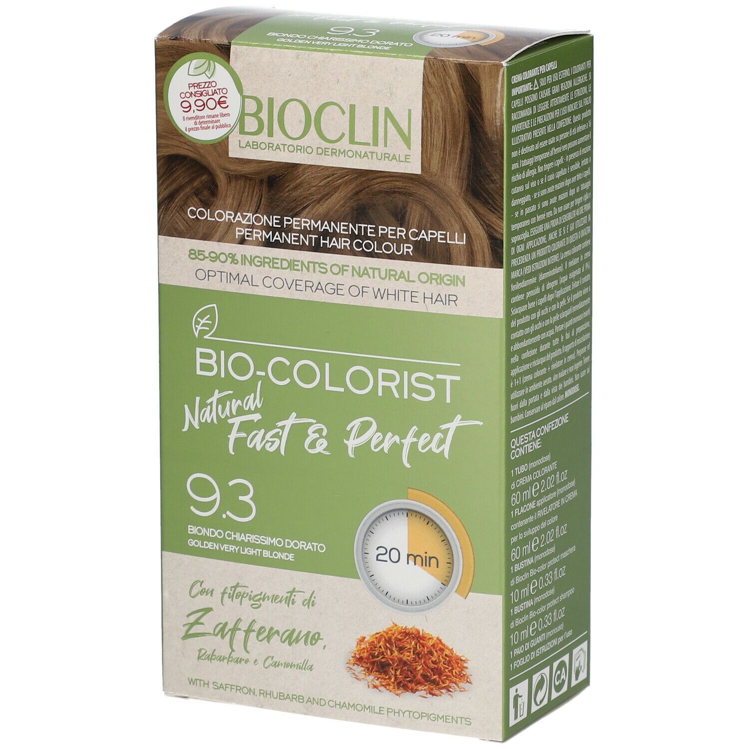 BIOCLIN Bio-Colorist 9.3. Tinta biondo chiarissimo dorato. Confezione con etichetta prezzo. Contiene zafferano, rabarbaro e camomilla.