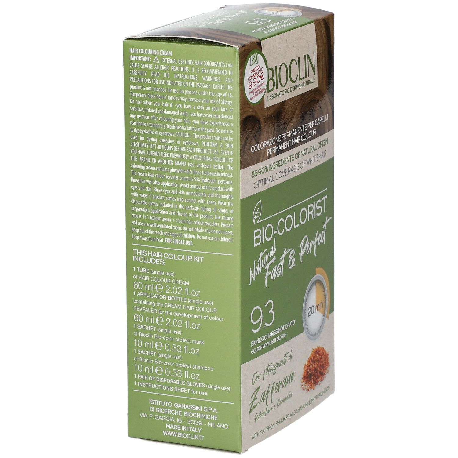 BIOCLIN Bio-Colorist 9.3. Confezione con testo. Contiene ingredienti e istruzioni. Tinta permanente.