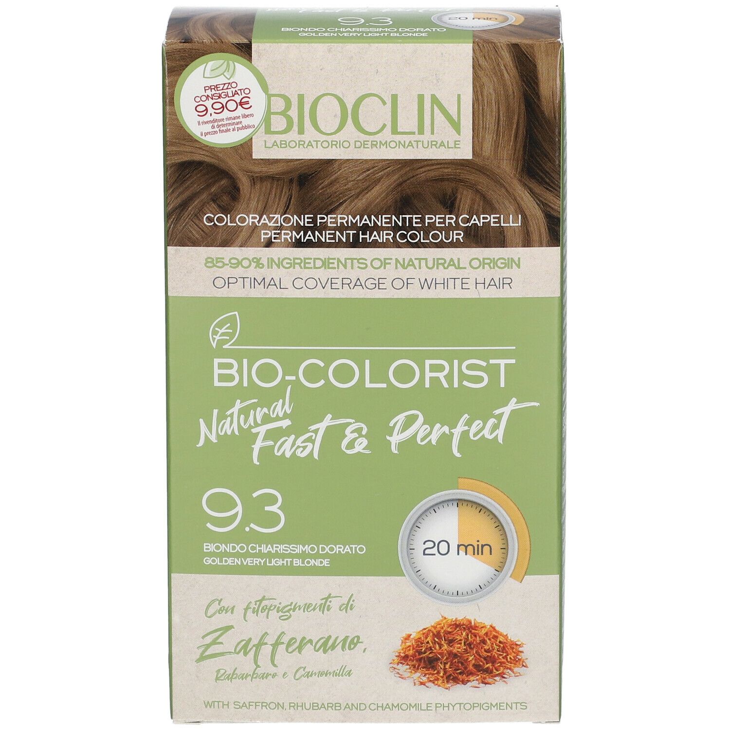 BIOCLIN Bio-Colorist 9.3. Tinta biondo chiarissimo dorato. Confezione con etichetta prezzo. Contiene zafferano, rabarbaro e camomilla.
