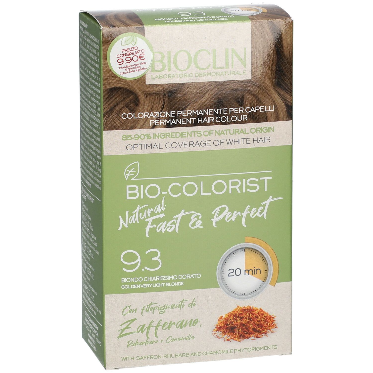 BIOCLIN Bio-Colorist 9.3. Tinta biondo chiarissimo dorato. Confezione con immagine e testo. Contiene zafferano, rabarbaro e camomilla.