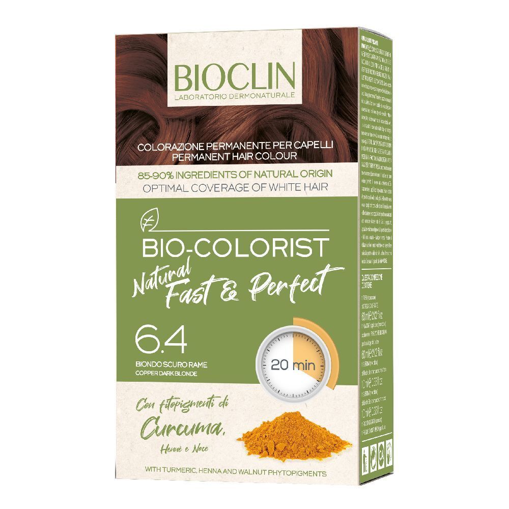 BIOCLIN Bio-Colorist 6.4. Confezione con immagine del prodotto e ingredienti. Tempo di posa 20 minuti. Con curcuma.