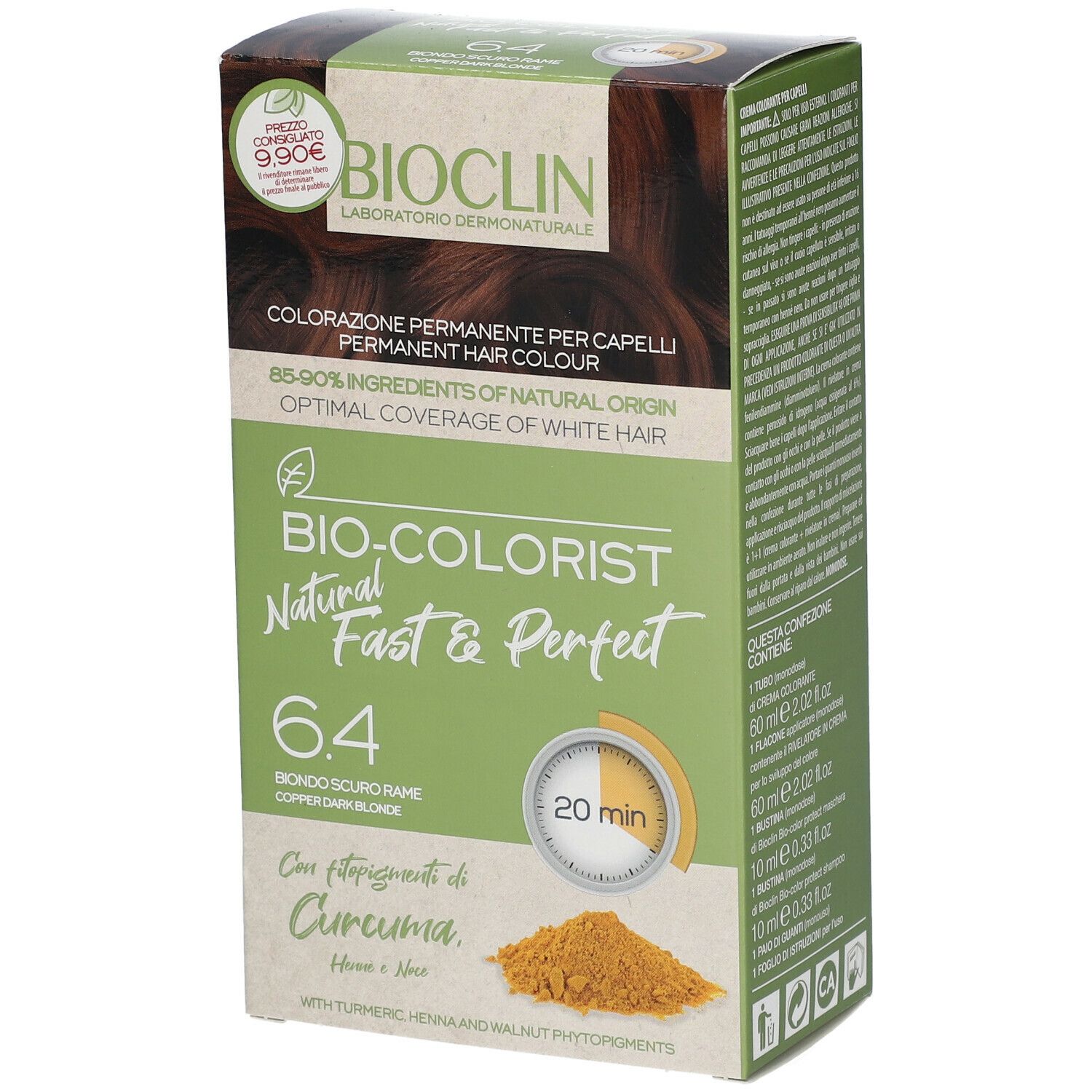 BIOCLIN Bio-Colorist 6.4. Confezione con prezzo. Immagine del prodotto e ingredienti. Tempo di posa 20 minuti. Con curcuma.