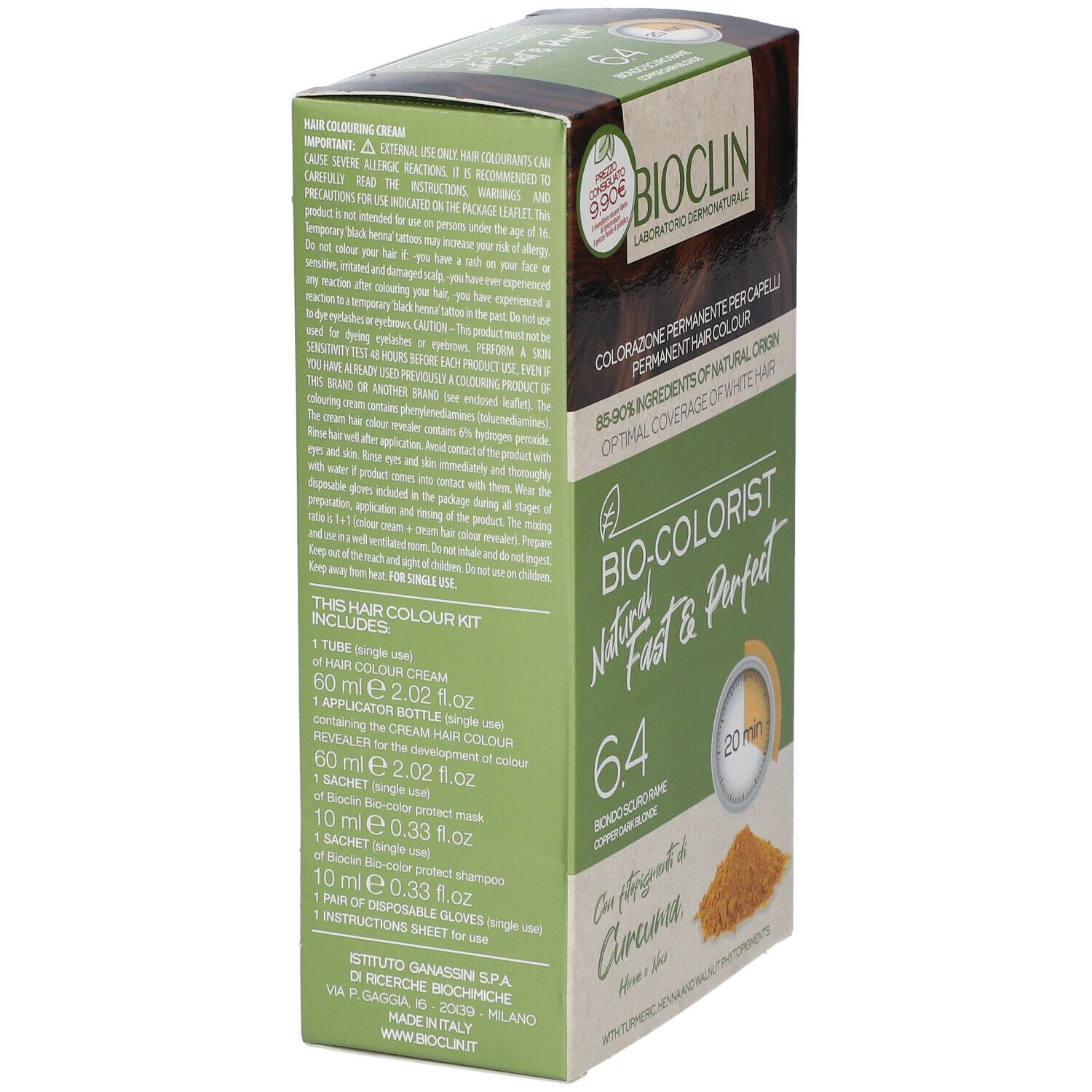 BIOCLIN Bio-Colorist. Confezione, vista laterale. Informazioni e ingredienti del prodotto. Con curcuma. Contiene 1 tubo, 1 flacone, 1 bustina.