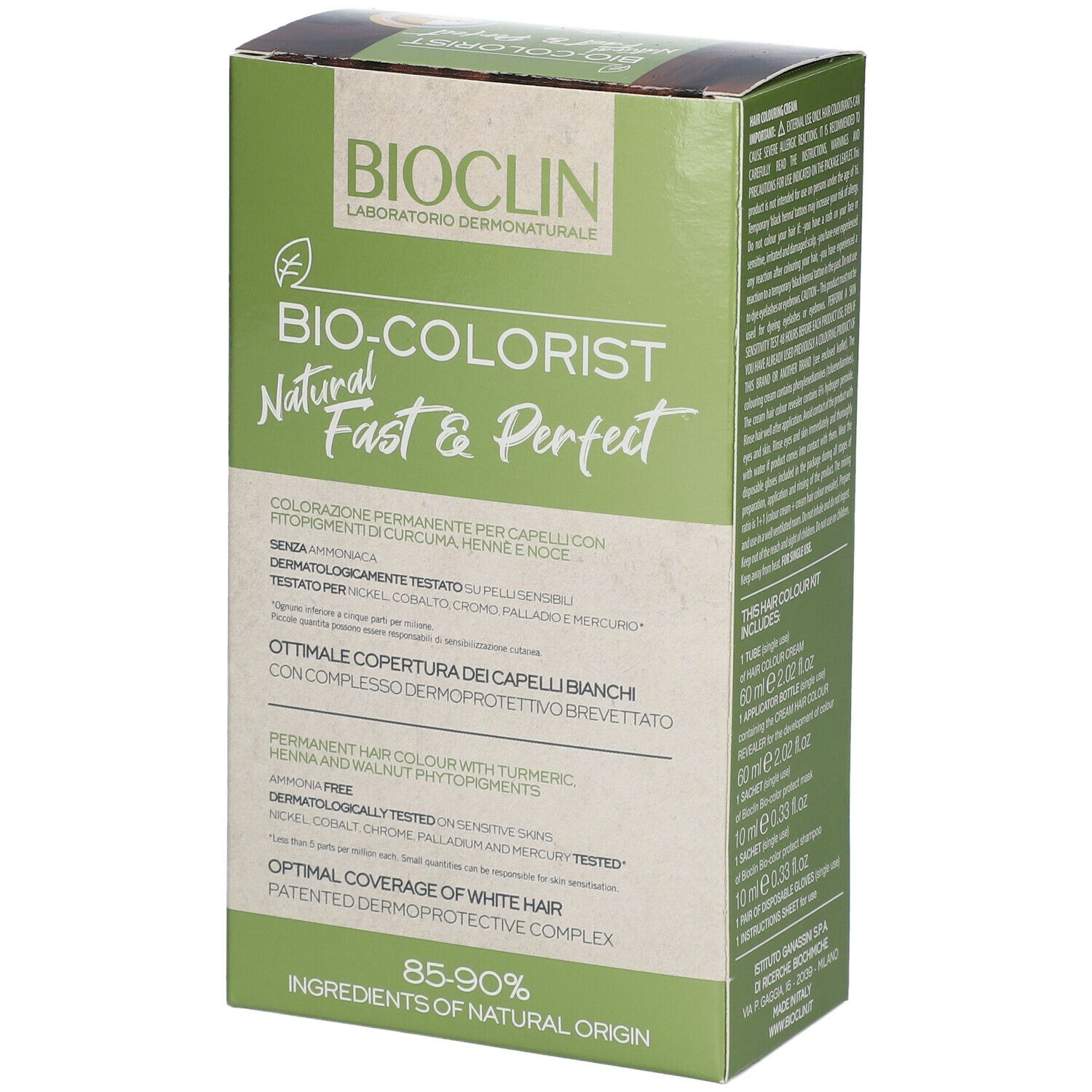 BIOCLIN Bio-Colorist. Confezione, fronte. Informazioni e ingredienti del prodotto. Con curcuma. Dermatologicamente testato.