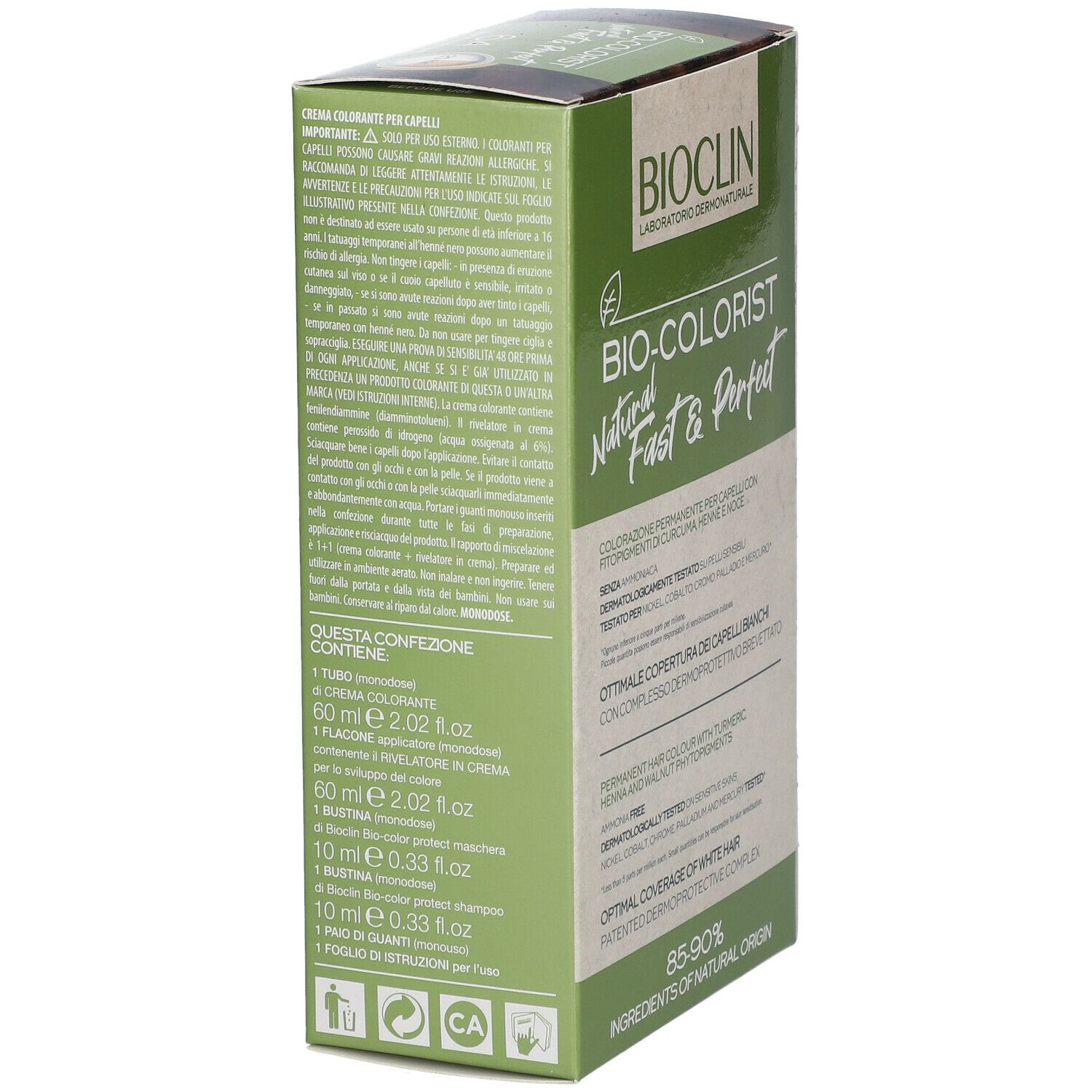 BIOCLIN Bio-Colorist. Confezione, vista laterale. Informazioni e ingredienti del prodotto. Con curcuma. Contiene 1 tubo, 1 flacone, 1 bustina.