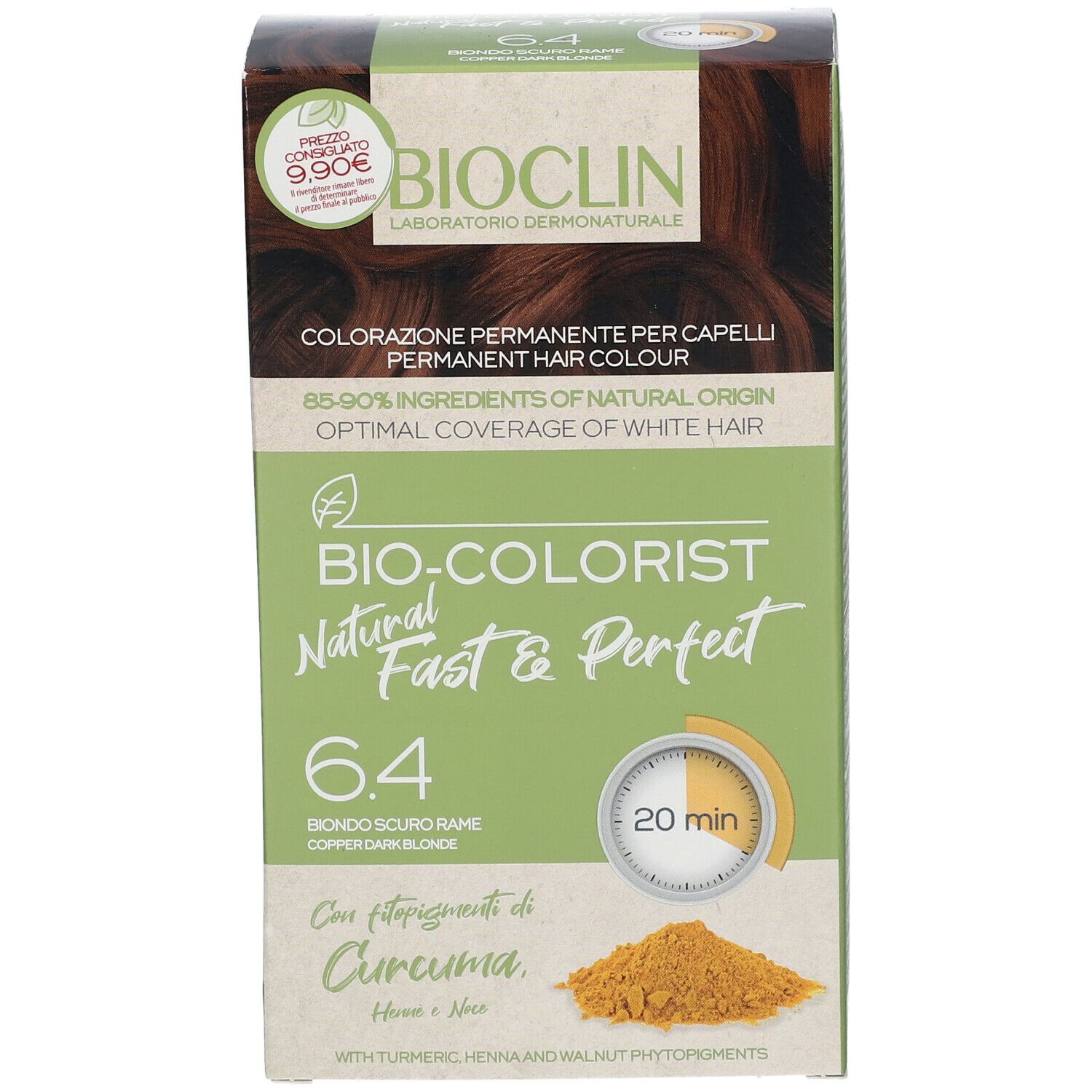 BIOCLIN Bio-Colorist 6.4. Confezione con prezzo. Immagine del prodotto e ingredienti. Tempo di posa 20 minuti. Con curcuma.