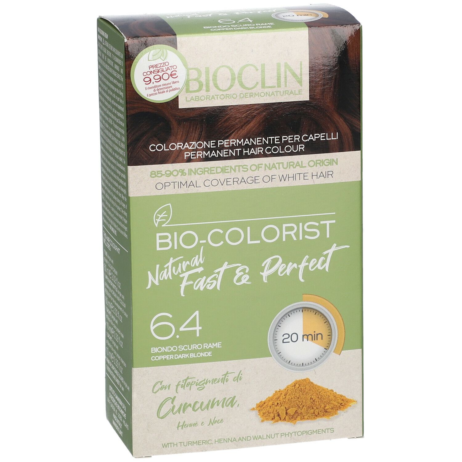 BIOCLIN Bio-Colorist 6.4. Confezione con prezzo. Immagine del prodotto e ingredienti. Tempo di posa 20 minuti. Con curcuma.
