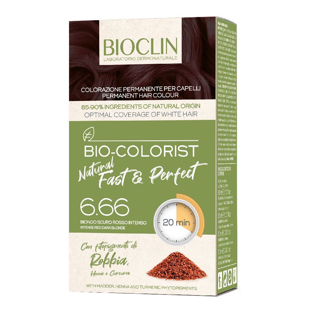 Confezione di colorazione per capelli BIOCLIN Bio-Colorist Fast & Perfect 6.66. Contiene henné e curcuma. Tempo di posa: 20 minuti.