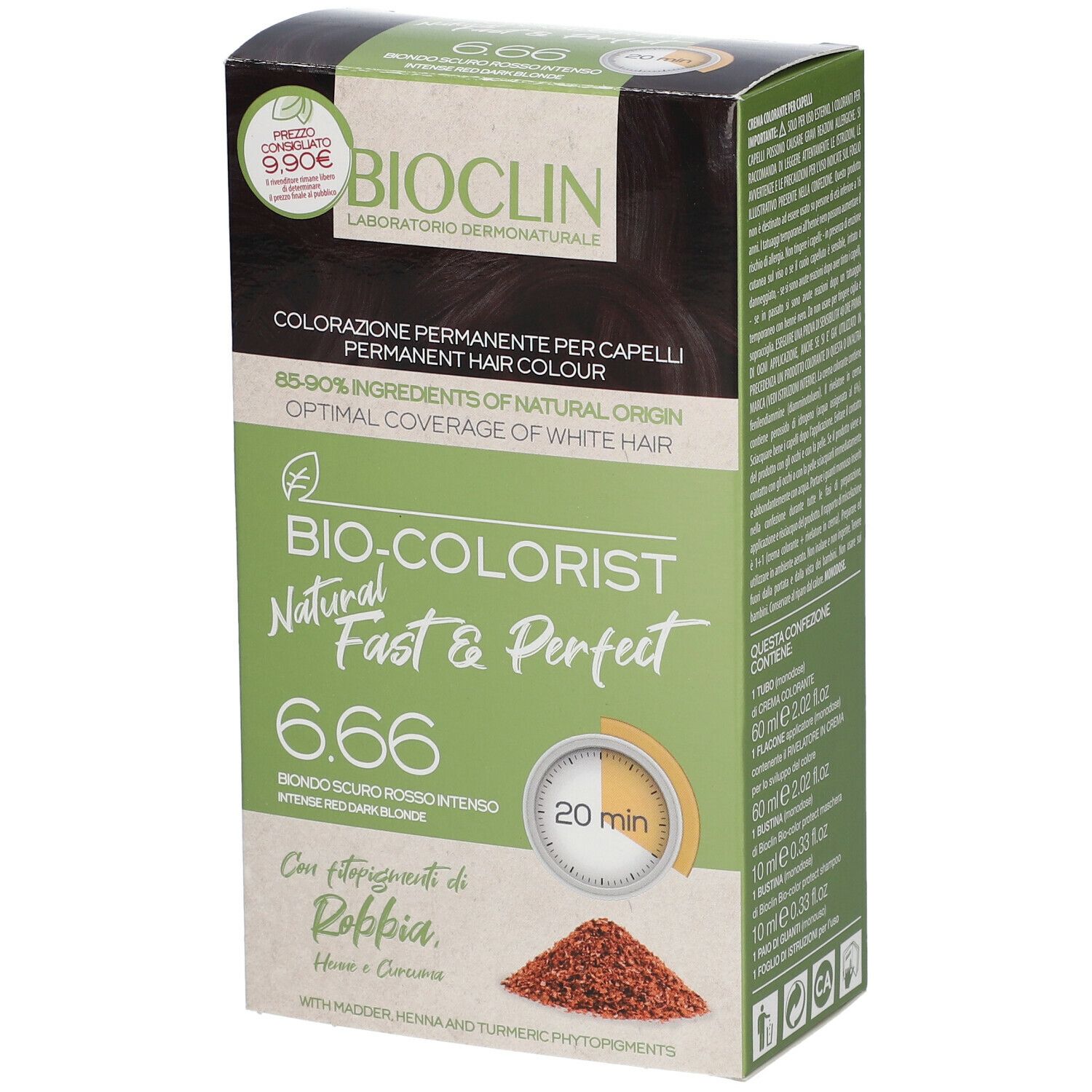Confezione di colorazione per capelli BIOCLIN Bio-Colorist Fast & Perfect 6.66. Contiene henné e curcuma. Tempo di posa: 20 minuti.