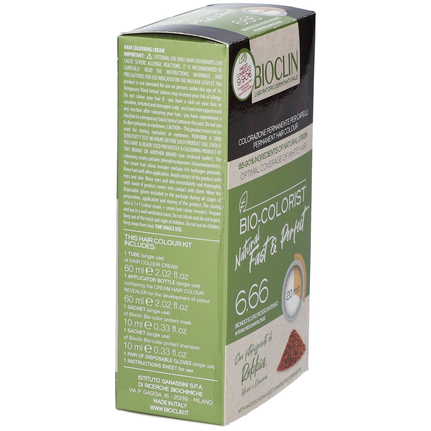 Confezione di colorazione per capelli BIOCLIN Bio-Colorist Fast & Perfect 6.66. Contiene henné e curcuma. Tempo di posa: 20 minuti.