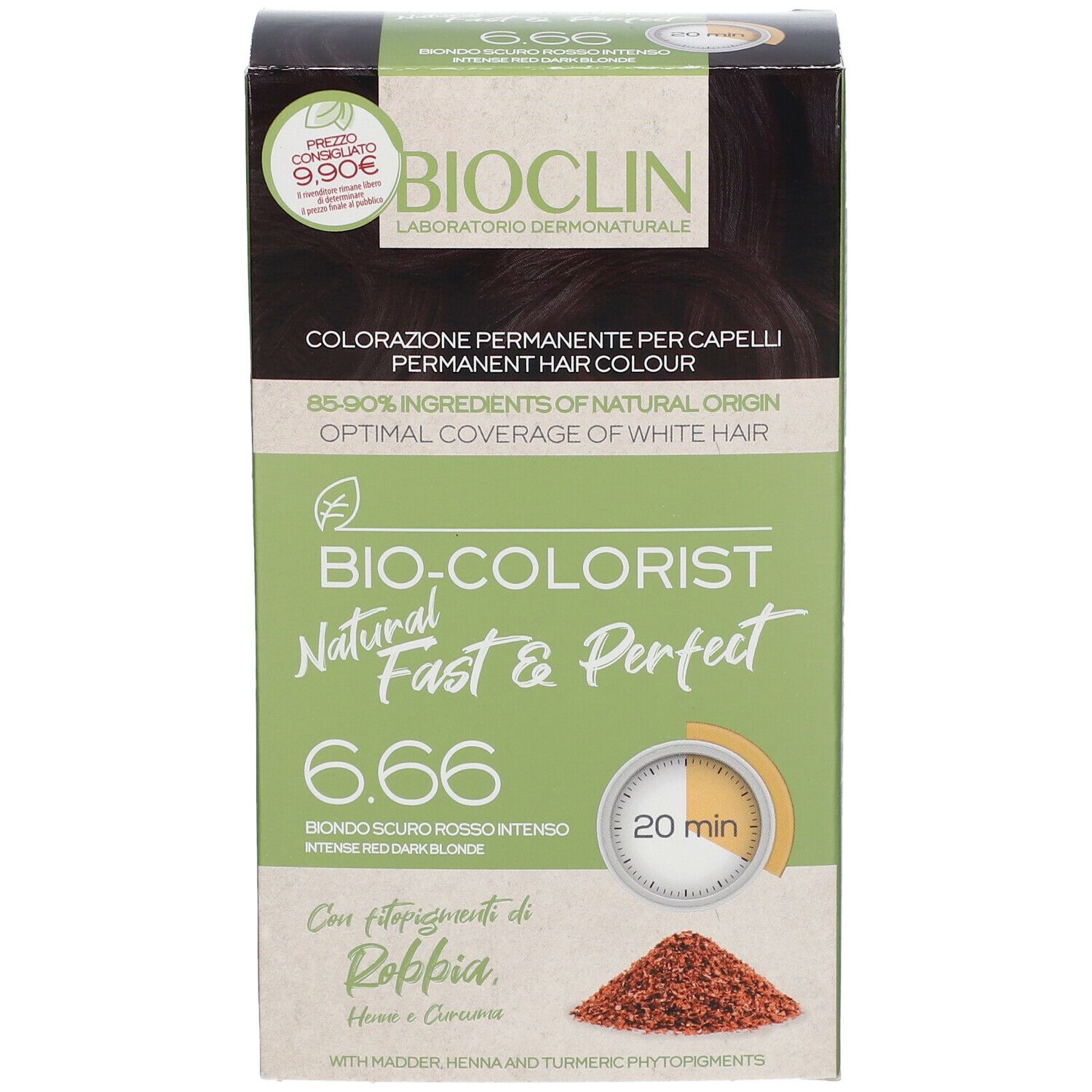 Confezione di colorazione per capelli BIOCLIN Bio-Colorist Fast & Perfect 6.66. Contiene henné e curcuma. Tempo di posa: 20 minuti.