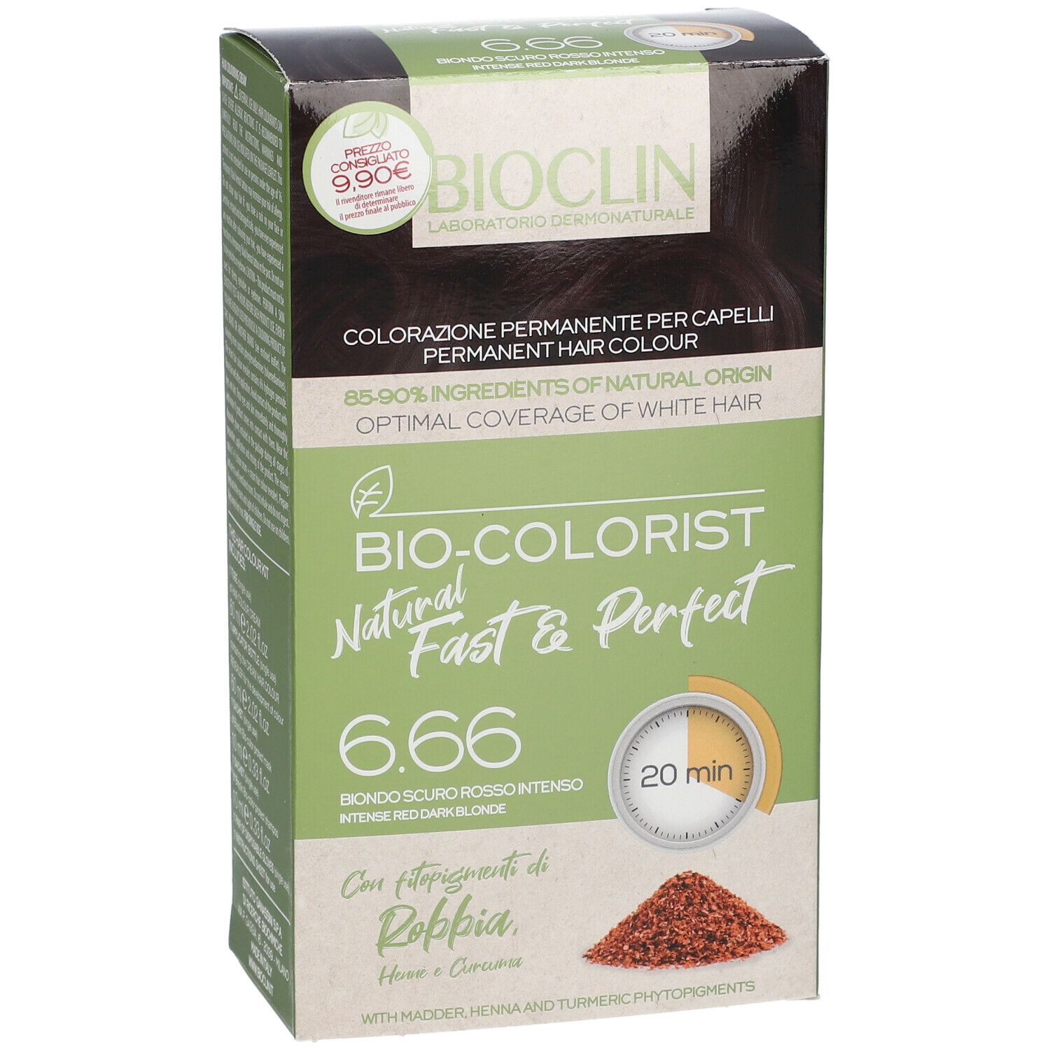 Confezione di colorazione per capelli BIOCLIN Bio-Colorist Fast & Perfect 6.66. Contiene henné e curcuma. Tempo di posa: 20 minuti.