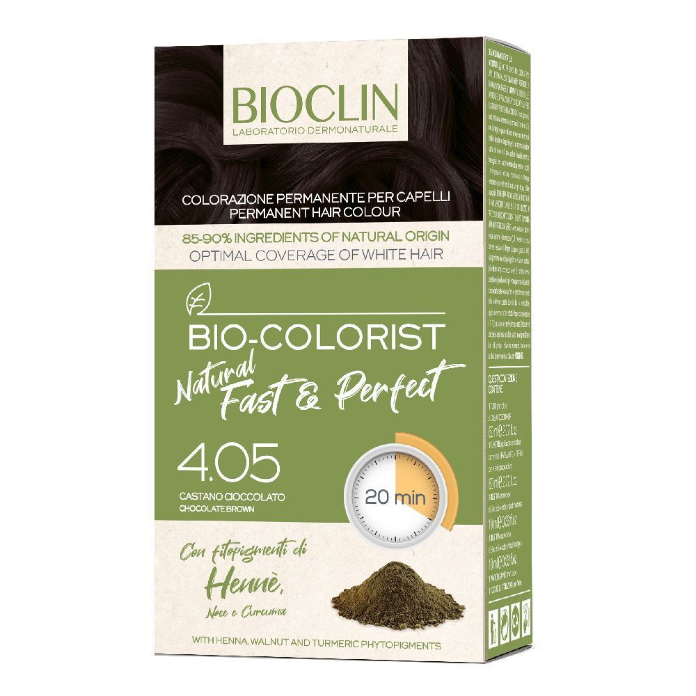 Confezione BIOCLIN Bio-Colorist 4.05. Colore capelli. Verde e marrone. Testo: 4.05 Castano Cioccolato, 20 min.