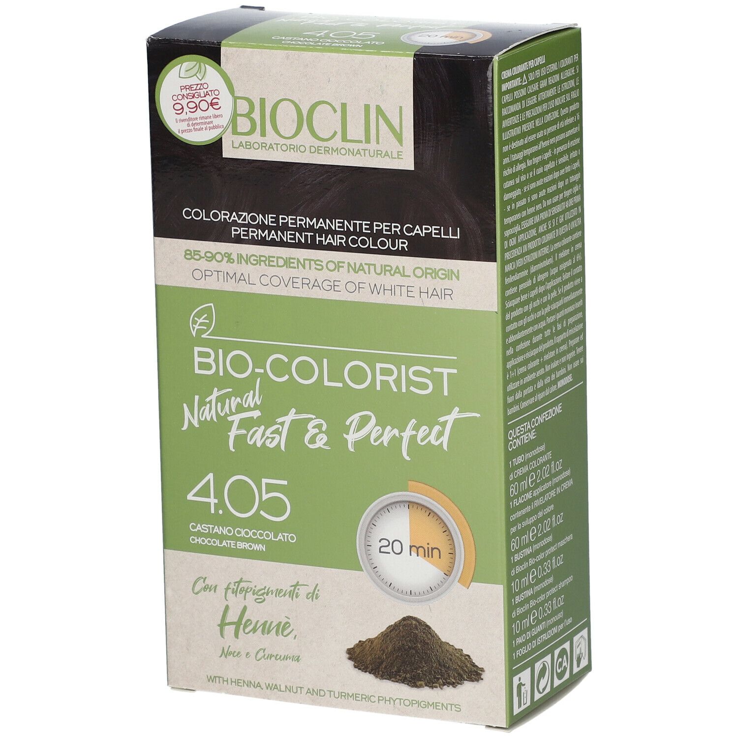 Confezione BIOCLIN Bio-Colorist 4.05. Colore capelli. Verde e marrone. Testo: 4.05 Castano Cioccolato, 20 min.