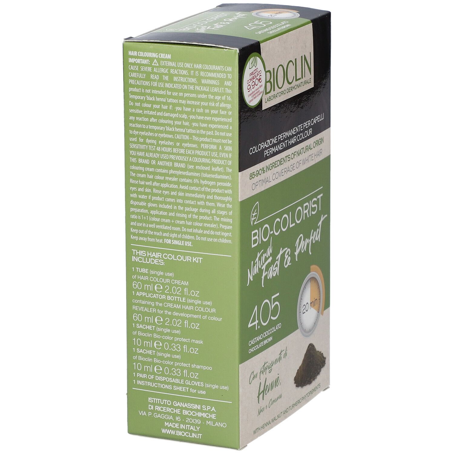 Confezione BIOCLIN Bio-Colorist 4.05. Colore capelli. Verde e marrone. Testo: 4.05 Castano Cioccolato, 20 min.