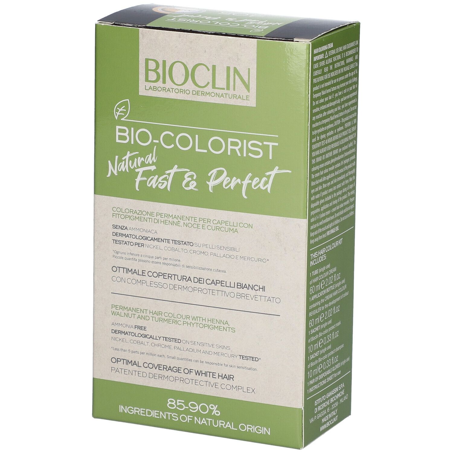 Confezione BIOCLIN Bio-Colorist 4.05. Colore capelli. Verde e marrone. Testo: 4.05 Castano Cioccolato, 20 min.