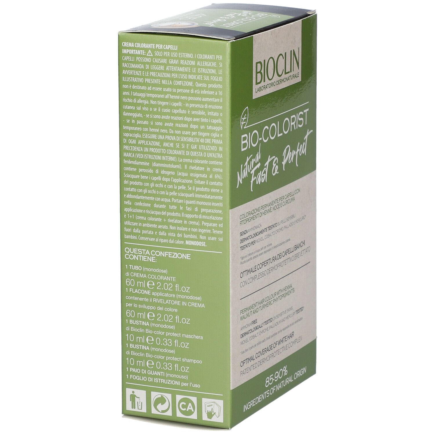Confezione BIOCLIN Bio-Colorist 4.05. Colore capelli. Verde e marrone. Testo: 4.05 Castano Cioccolato, 20 min.