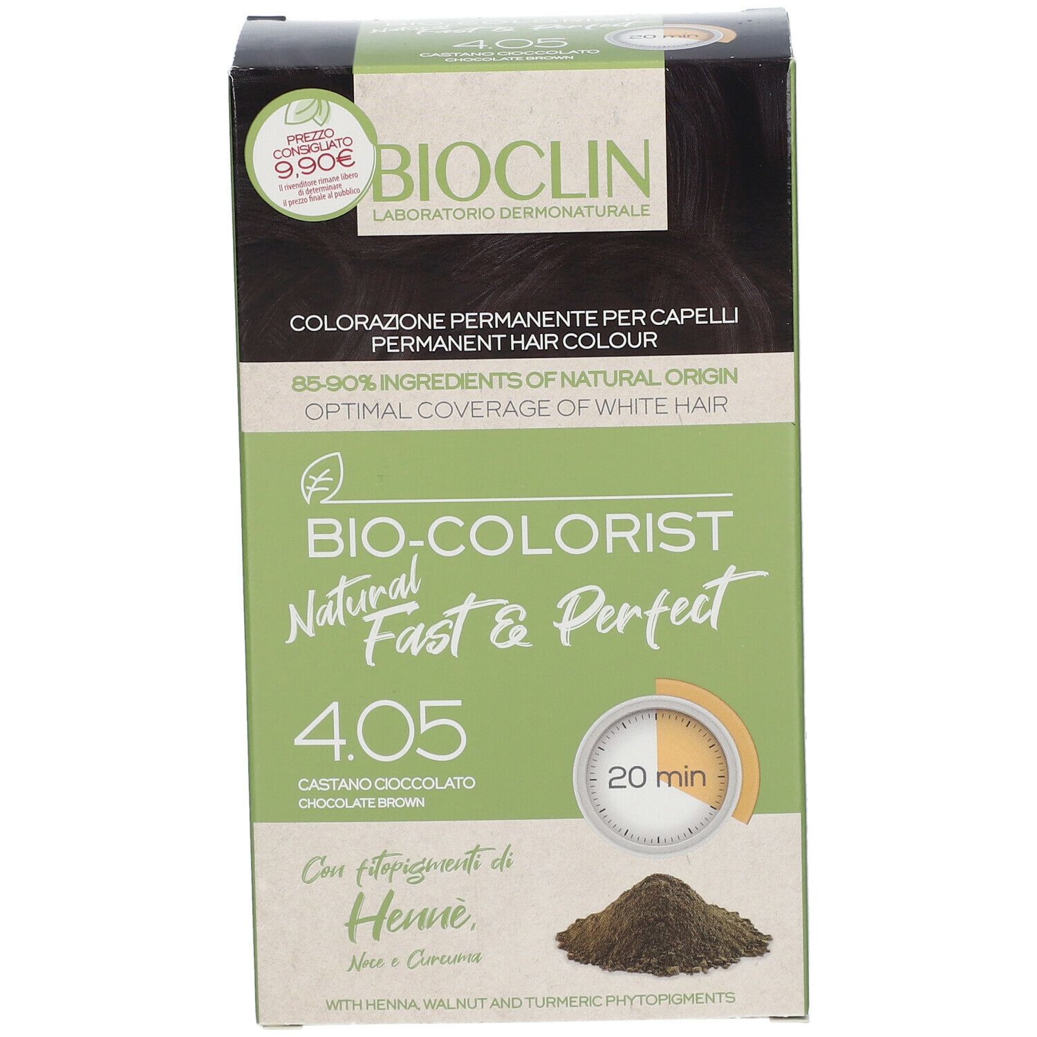 Confezione BIOCLIN Bio-Colorist 4.05. Colore capelli. Verde e marrone. Testo: 4.05 Castano Cioccolato, 20 min.