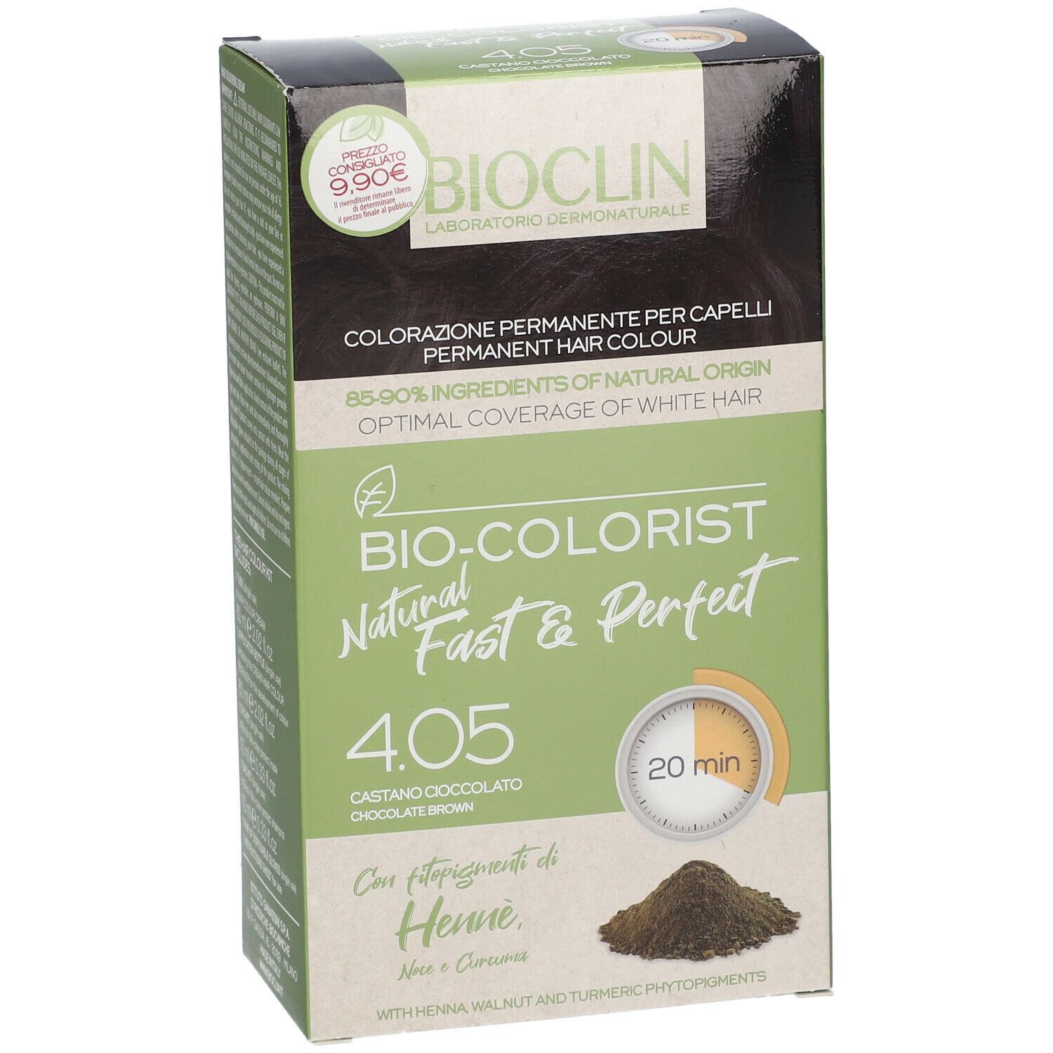 Confezione BIOCLIN Bio-Colorist 4.05. Colore capelli. Verde e marrone. Testo: 4.05 Castano Cioccolato, 20 min.