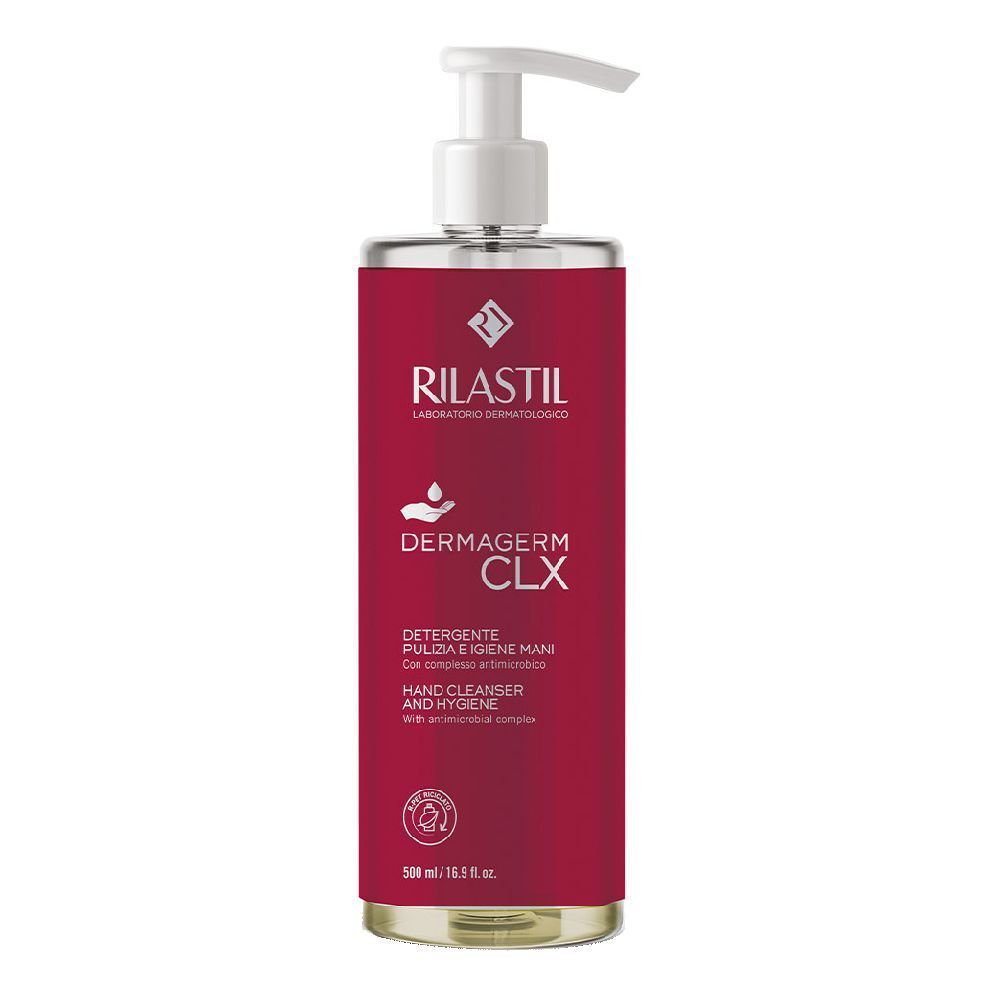 Flacone rosso con dosatore bianco. Scritte: Rilastil, Dermagerm CLX, detergente mani.