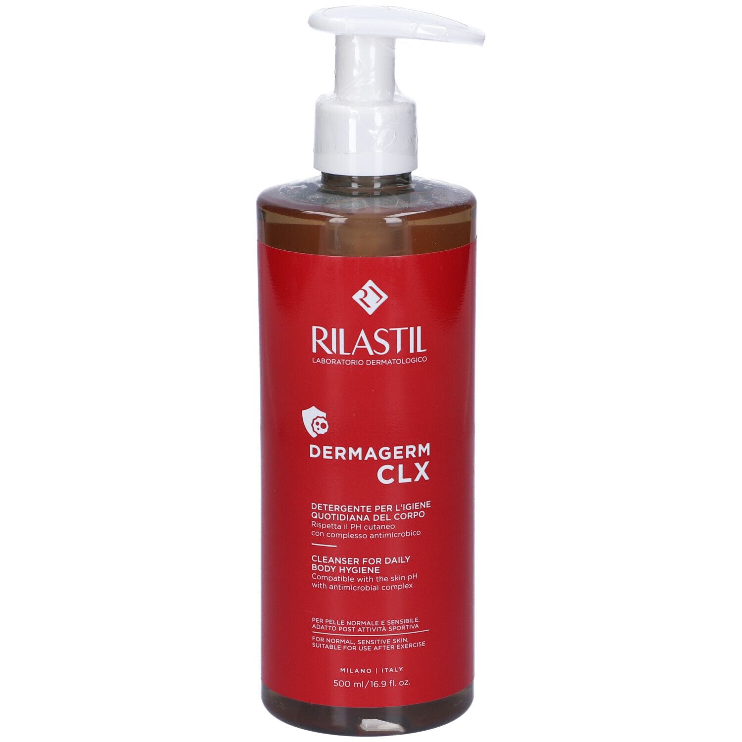 Flacone rosso con dosatore bianco. Scritte: Rilastil, Dermagerm CLX, detergente per l'igiene quotidiana.