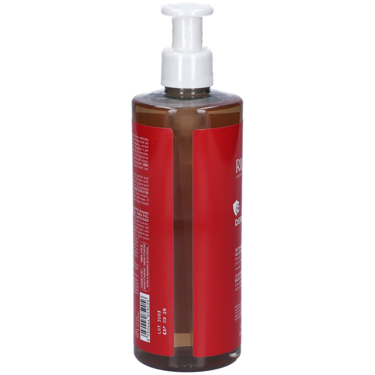 Retro di un flacone rosso con dosatore bianco. Testo sull'etichetta.