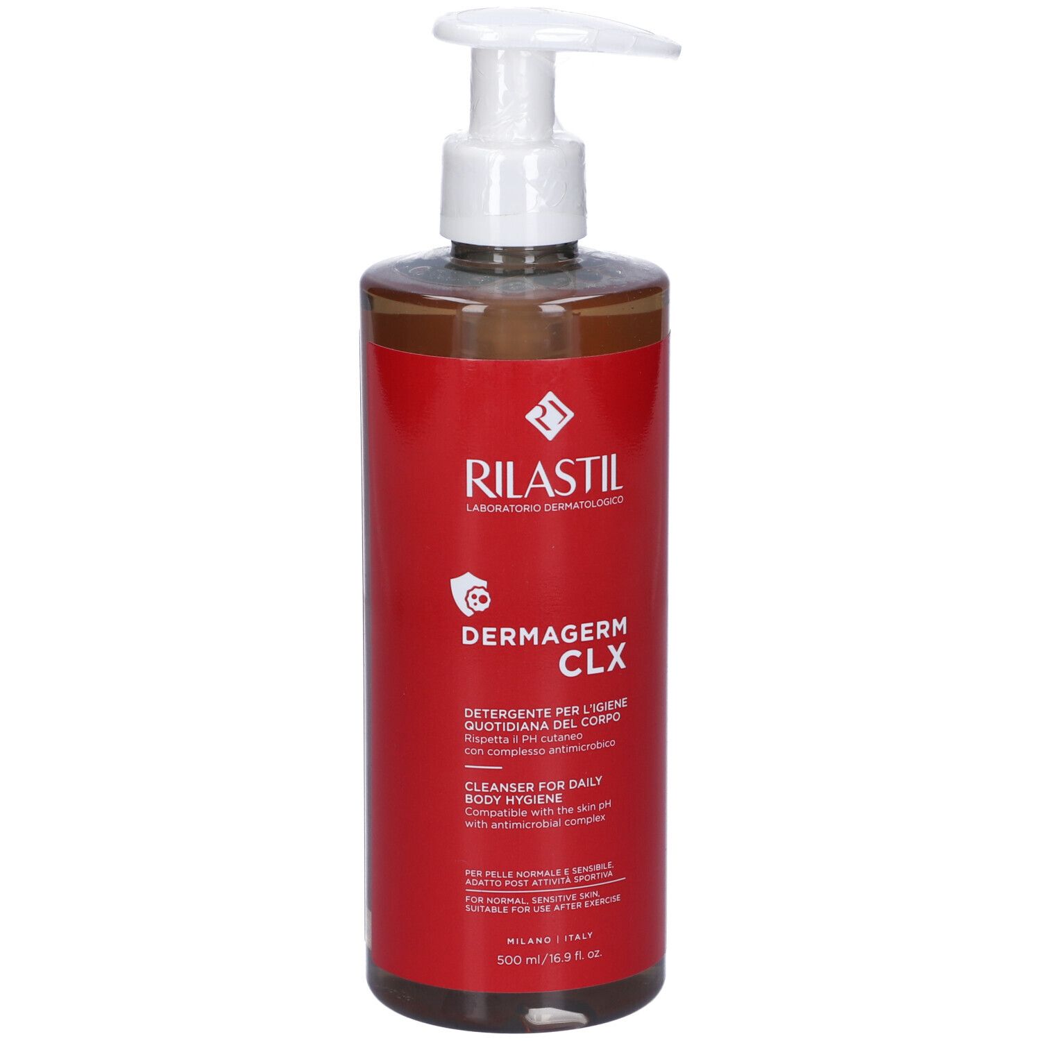 Flacone rosso con dosatore bianco. Scritte: Rilastil, Dermagerm CLX, detergente per l'igiene quotidiana.
