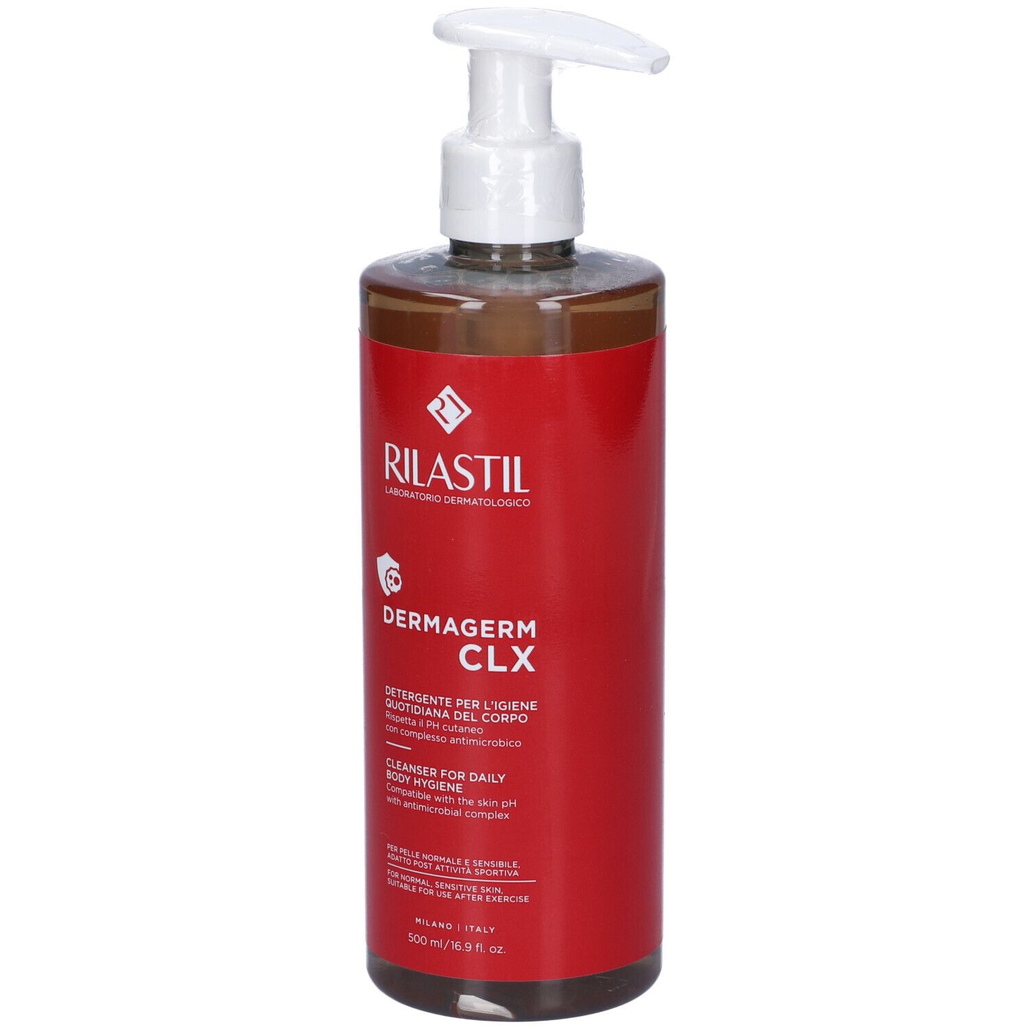 Flacone rosso con dosatore bianco. Scritte: Rilastil, Dermagerm CLX, detergente per l'igiene quotidiana.