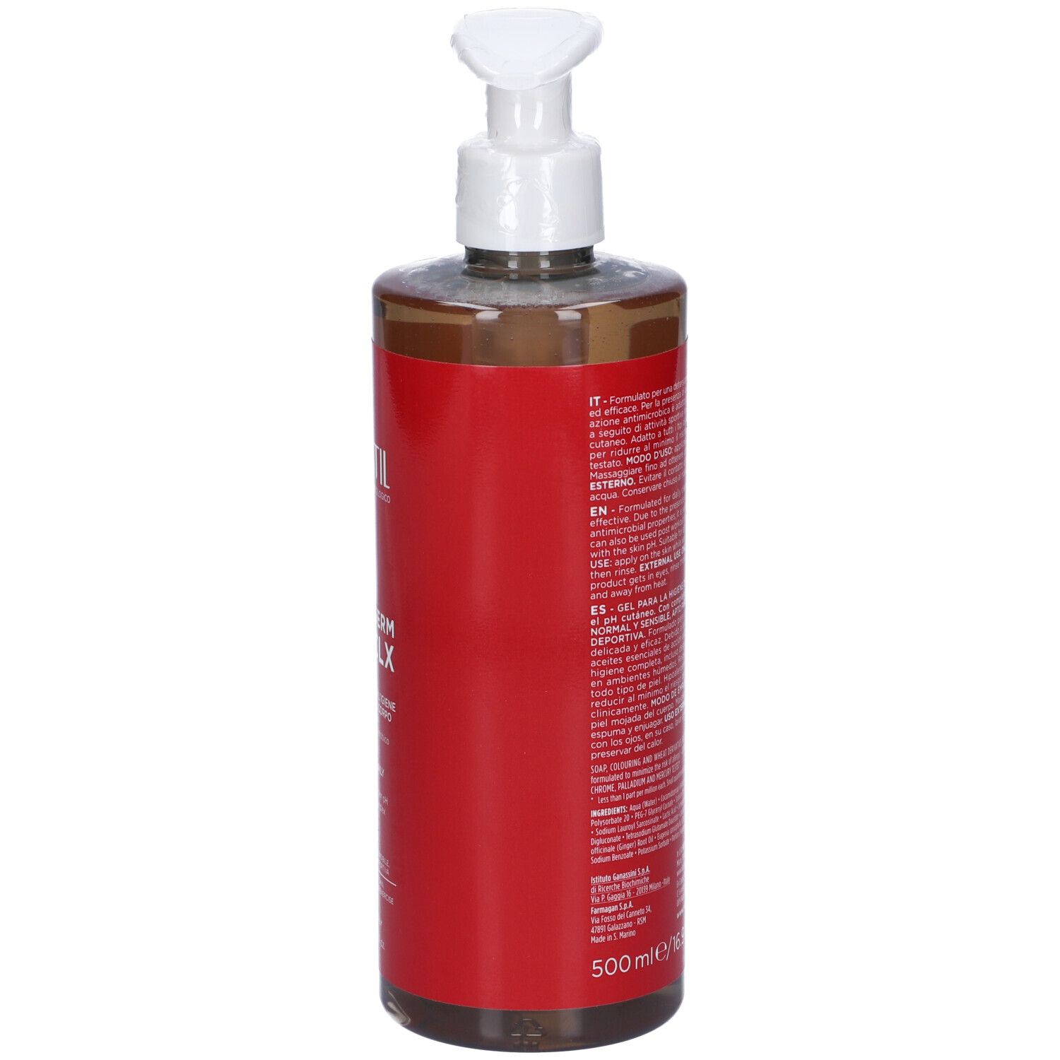 Retro di un flacone rosso con dosatore bianco. Testo sull'etichetta.