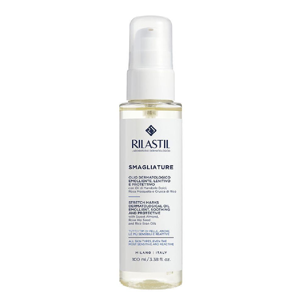 Flacone bianco con dosatore. Etichetta: RILASTIL, Smagliature, Olio dermatologico. Contiene olio di rosa mosqueta.