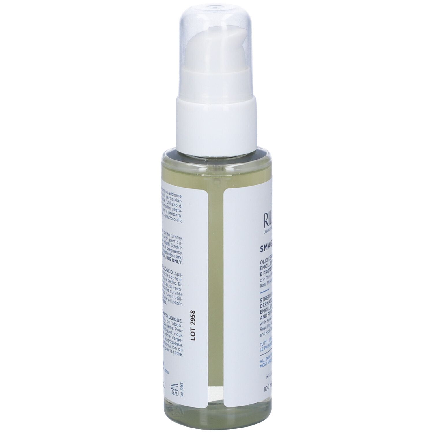 Retro di un flacone bianco con dosatore. Etichetta: RILASTIL, Smagliature, Olio dermatologico. Testo multilingue.