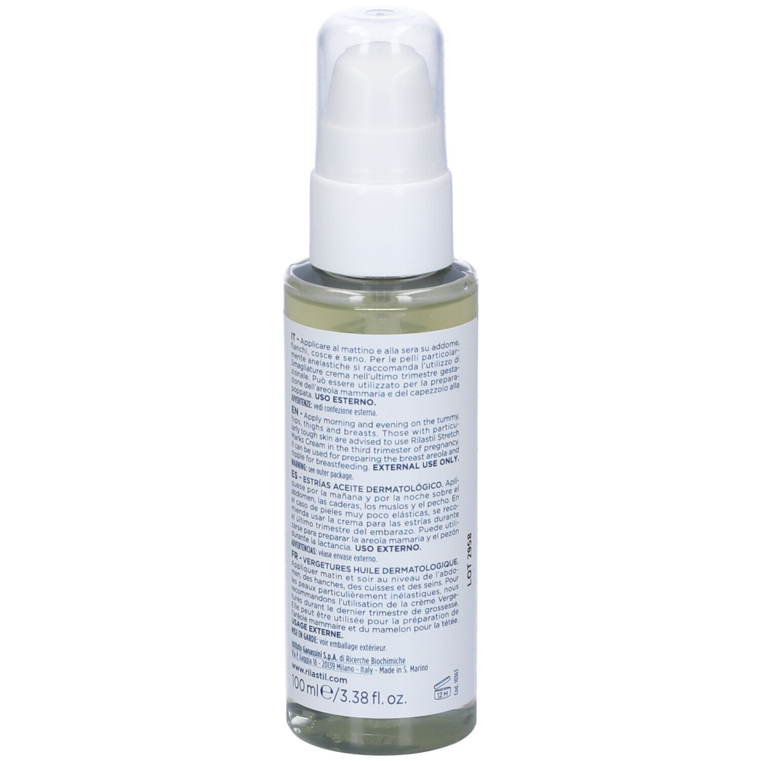 Retro di un flacone bianco con dosatore. Etichetta: RILASTIL, Smagliature, Olio dermatologico. Testo multilingue.