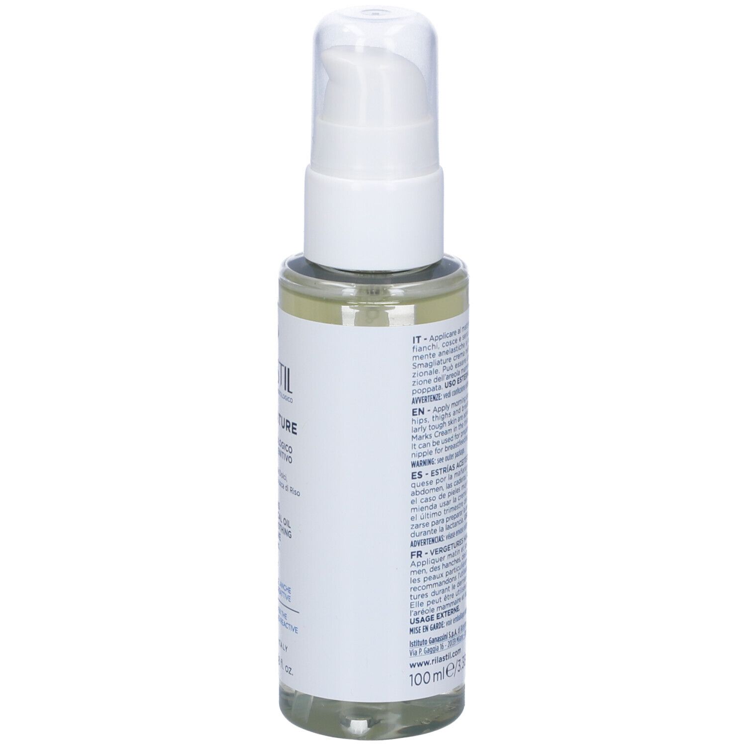 Retro di un flacone bianco con dosatore. Etichetta: RILASTIL, Smagliature, Olio dermatologico. Testo multilingue.