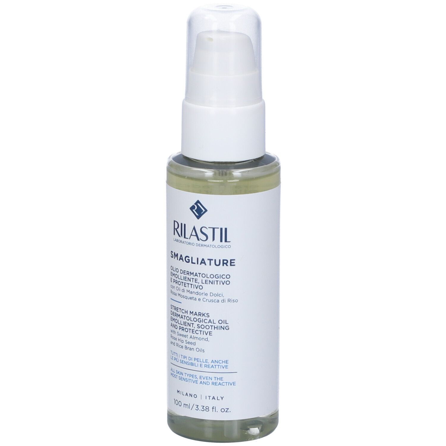 Flacone bianco con dosatore. Etichetta: RILASTIL, Smagliature, Olio dermatologico. Contiene olio di rosa mosqueta.