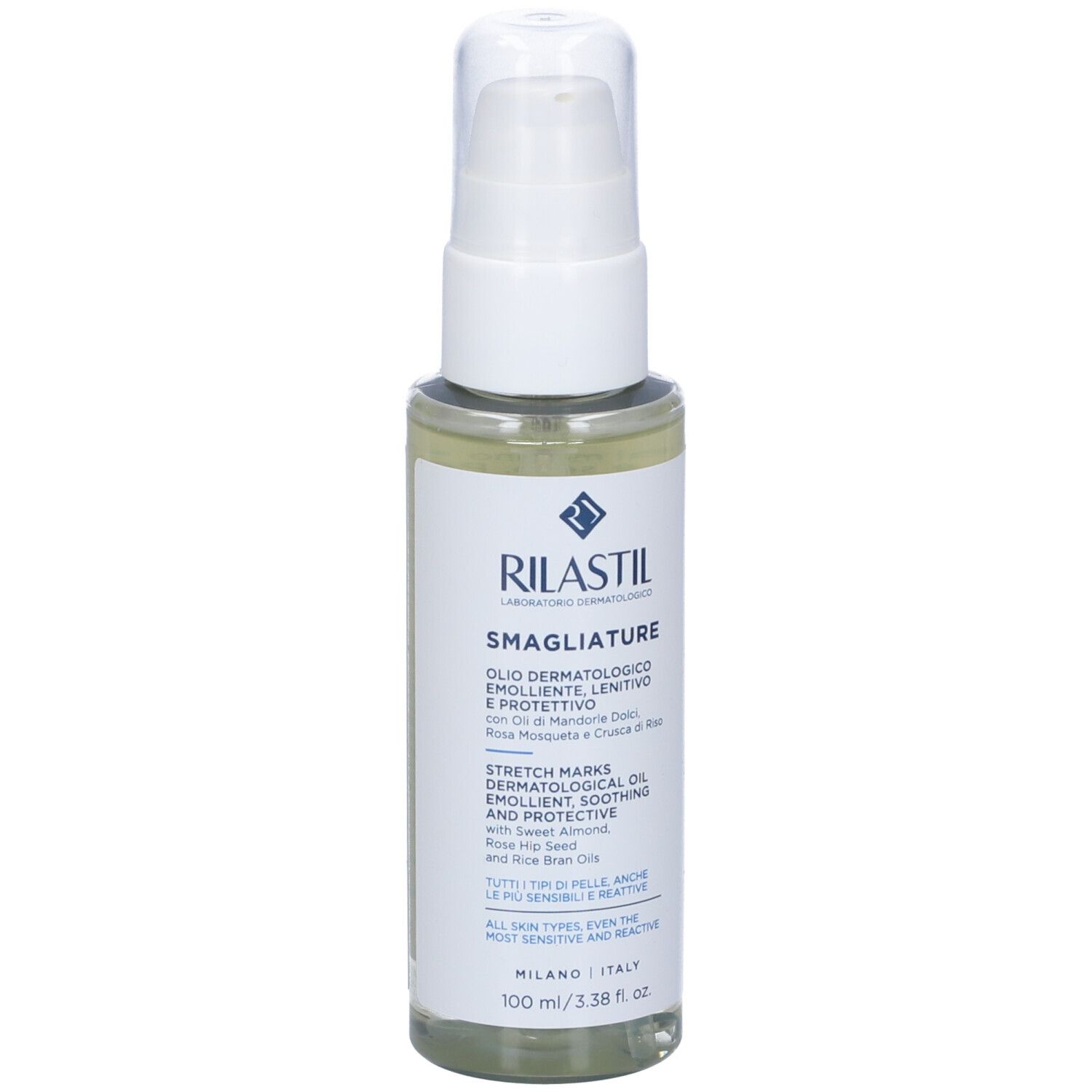 Flacone bianco con dosatore. Etichetta: RILASTIL, Smagliature, Olio dermatologico. Contiene olio di rosa mosqueta.