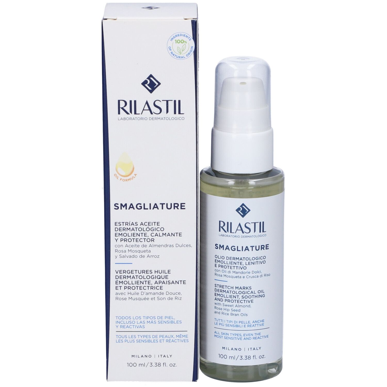 Confezione del prodotto: Flacone bianco con dosatore e scatola. Etichetta: RILASTIL, Smagliature, Olio dermatologico.