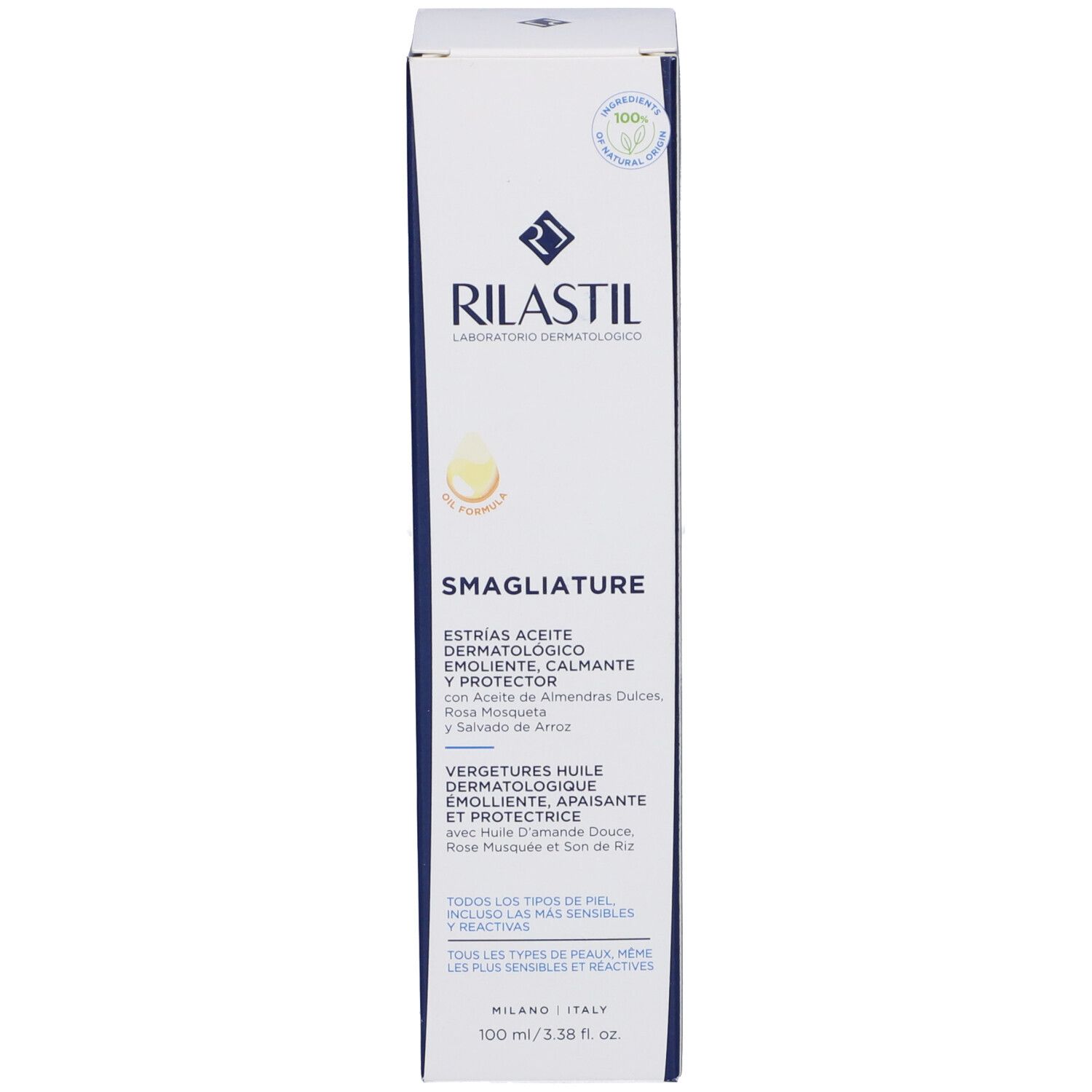 Confezione del prodotto: Scatola bianca. Etichetta: RILASTIL, Smagliature, Olio dermatologico. Contiene olio di rosa mosqueta.
