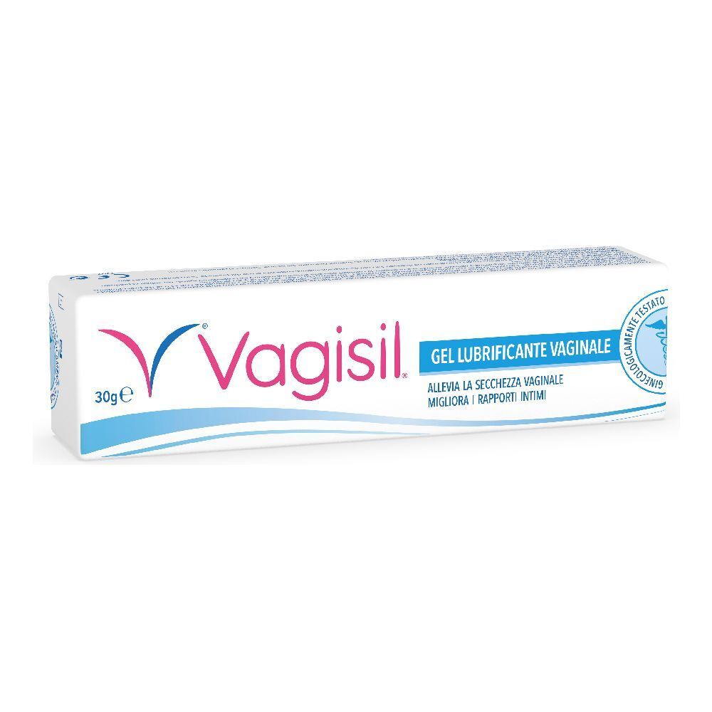 Scatola bianca con logo "Vagisil" e testo "Gel Lubrificante Vaginale". Indicazione 30g. Testato ginecologicamente.