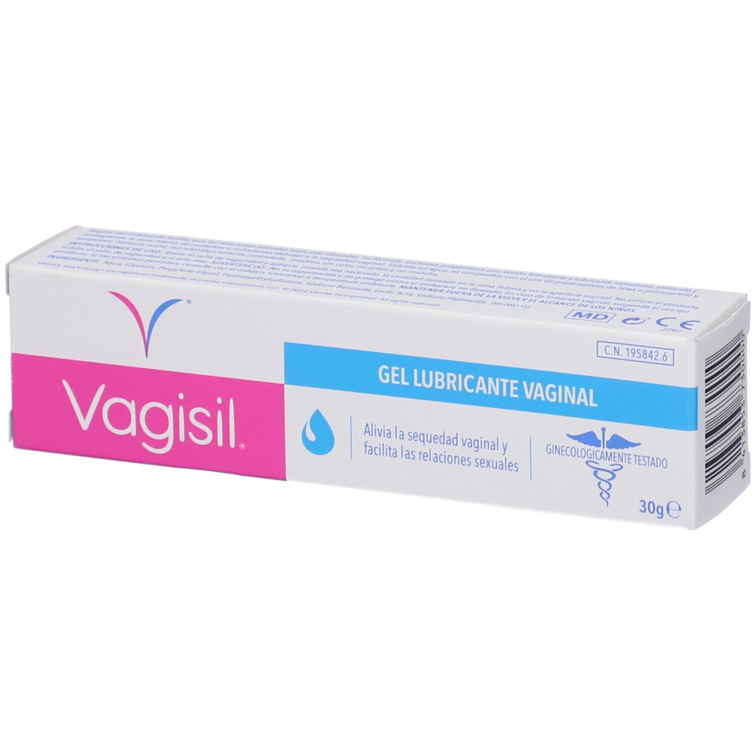 Scatola bianca con logo "Vagisil" e testo "Gel Lubrificante Vaginale". Indicazione 30g. Testato ginecologicamente.