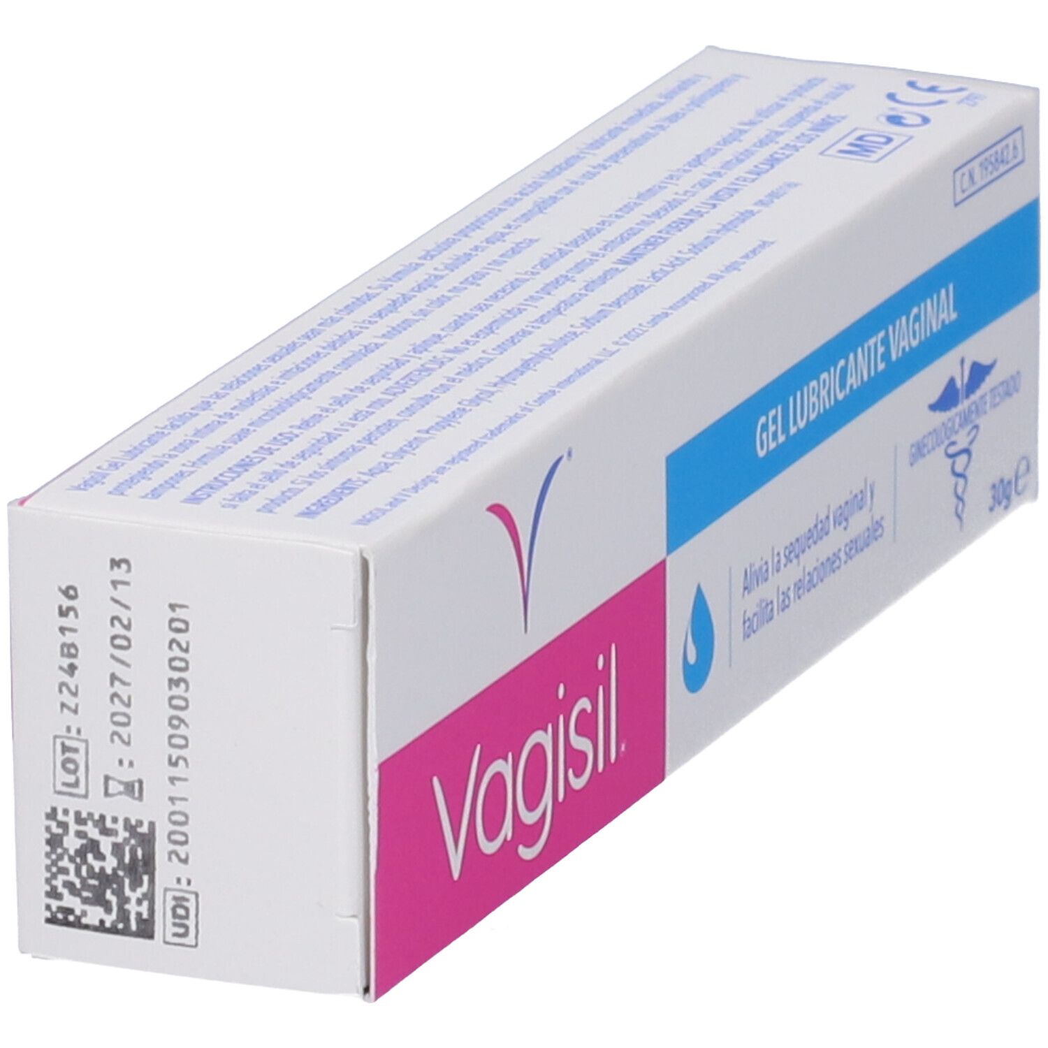 Scatola con logo "Vagisil" e testo "Gel Lubrificante Vaginale". Dettagli lotto e data di scadenza.