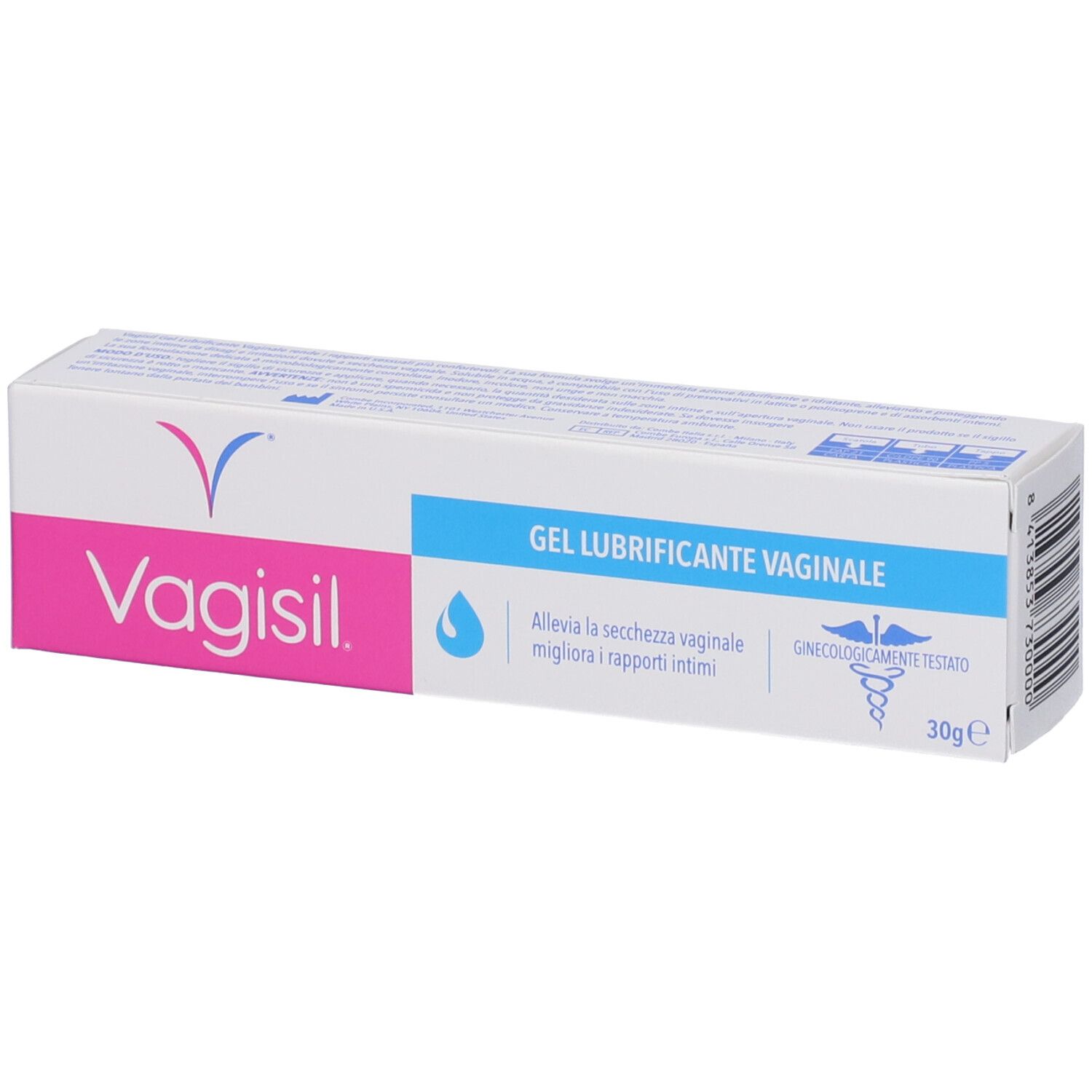 Scatola bianca con logo "Vagisil" e testo "Gel Lubrificante Vaginale". Indicazione 30g. Testato ginecologicamente.