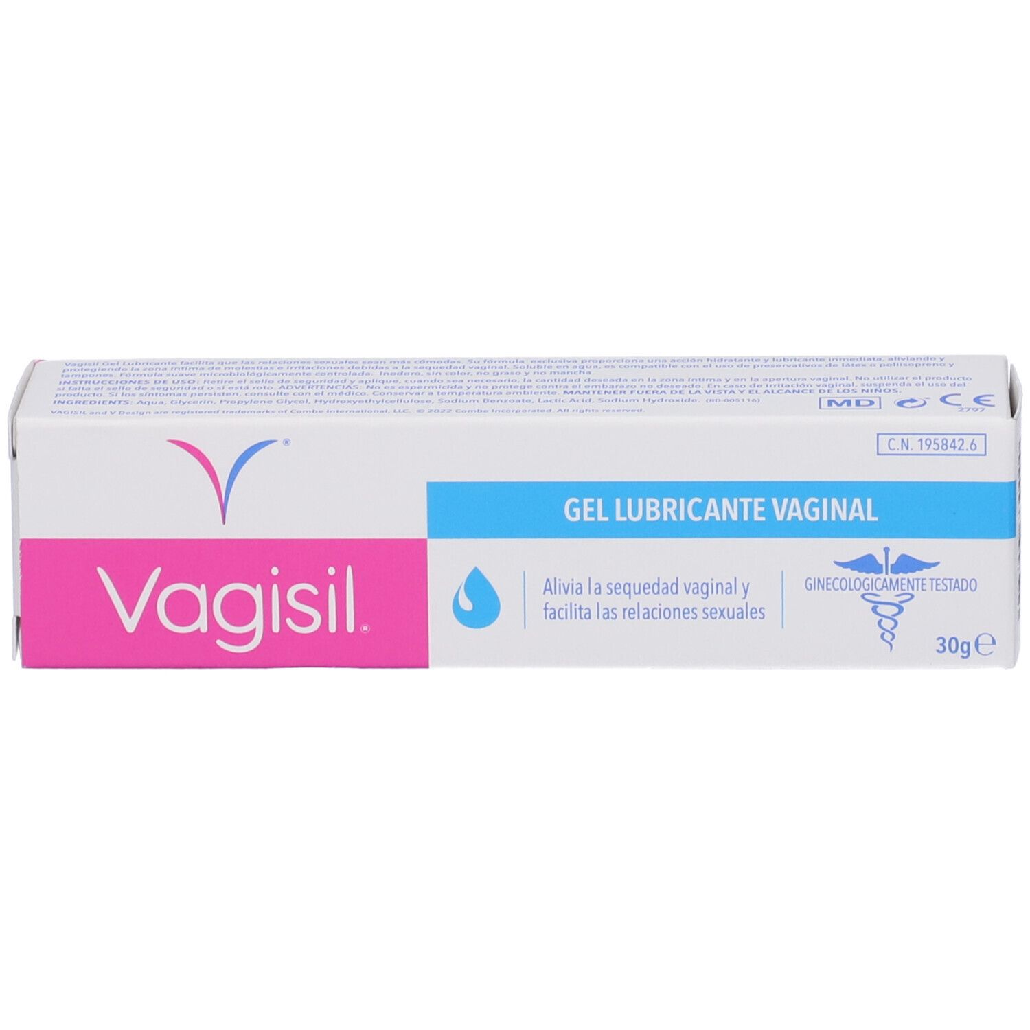 Scatola bianca con logo "Vagisil" e testo "Gel Lubrificante Vaginale". Indicazione 30g. Testato ginecologicamente.