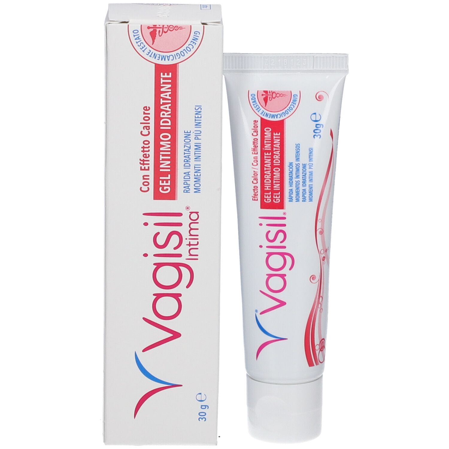 Confezione del prodotto Vagisil Intima. Tubo e scatola. Testo: Gel Intimo Idratante Con Effetto Calore. 30g.