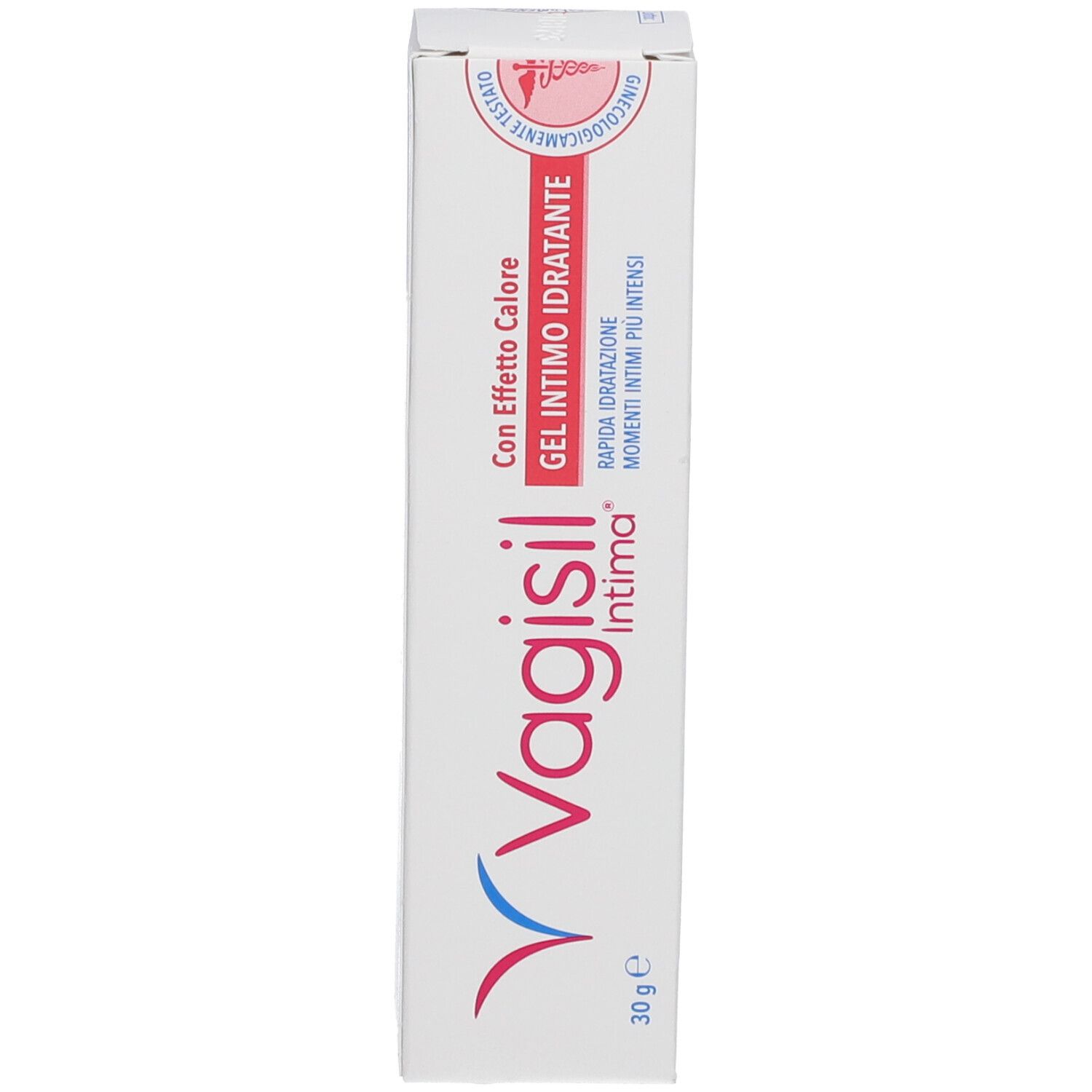 Scatola bianca con logo Vagisil Intima e nome del prodotto. Testo: Gel Intimo Idratante Con Effetto Calore. 30g.